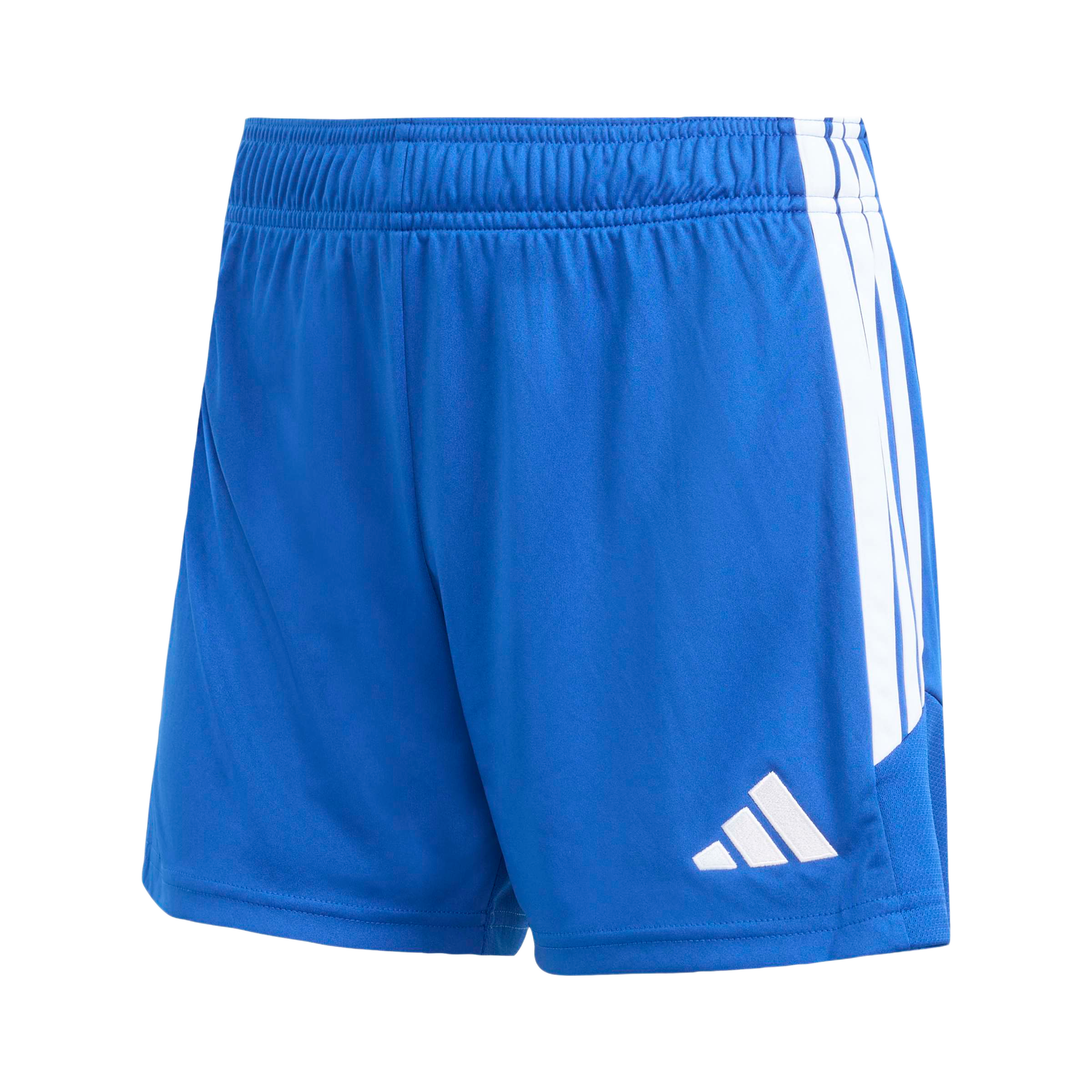 A pair of bright blue Adidas athletic shorts with white stripes down the sides and a white logo on the front right leg.