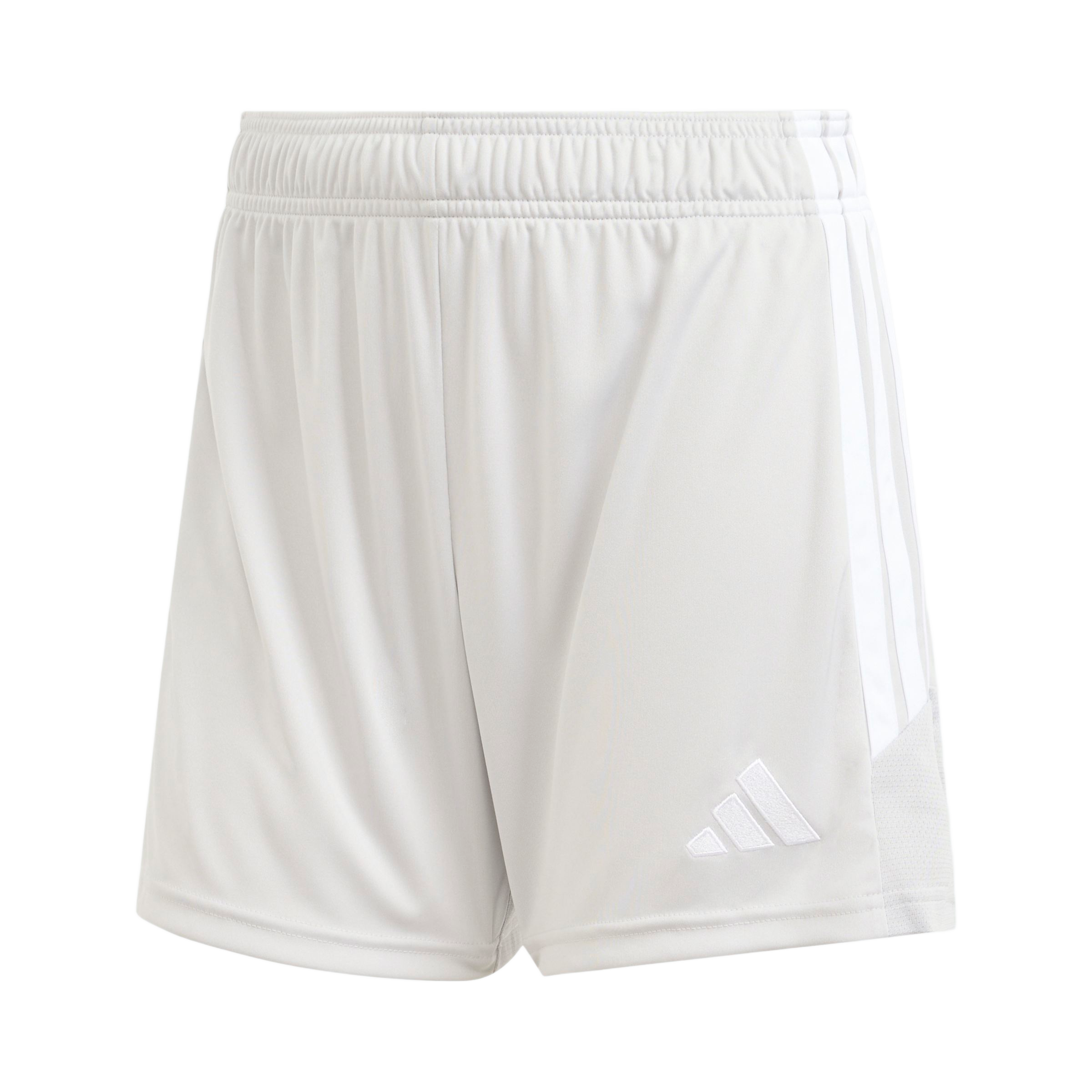 White Adidas athletic shorts featuring an elastic waistband, side stripes, and an embroidered Adidas logo on the lower leg.