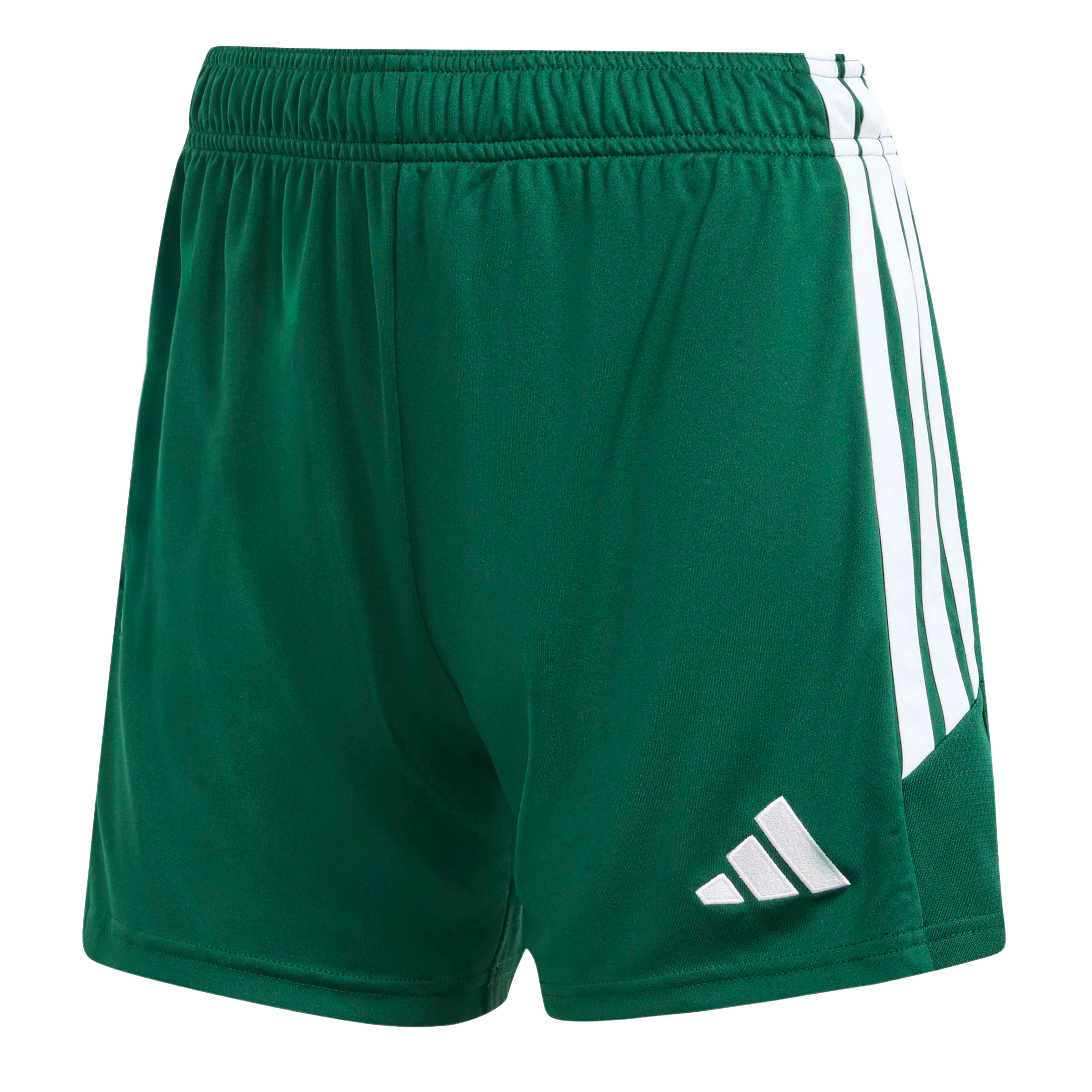 Dark green Adidas athletic shorts with white side stripes and a white Adidas logo on the front right leg.