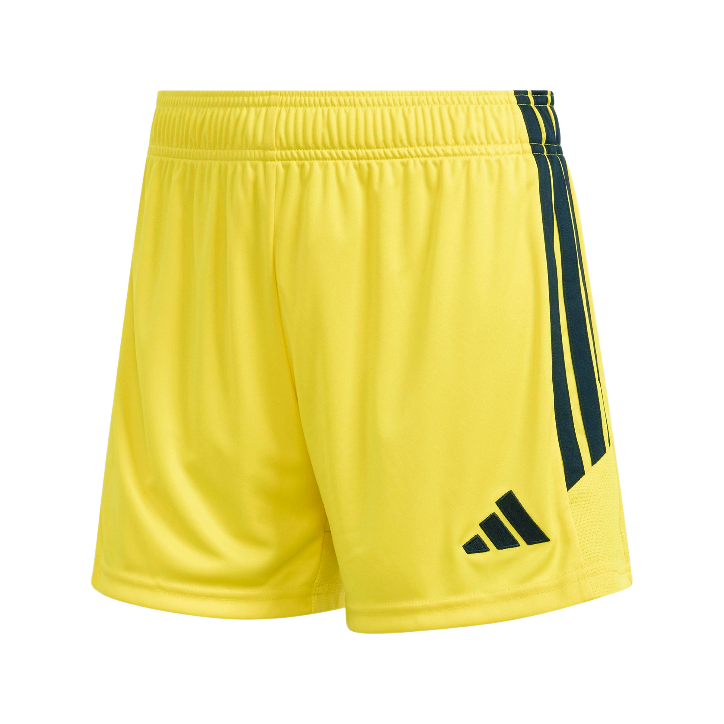 A pair of yellow Adidas athletic shorts featuring three dark stripes on the side and a dark logo on the left leg.