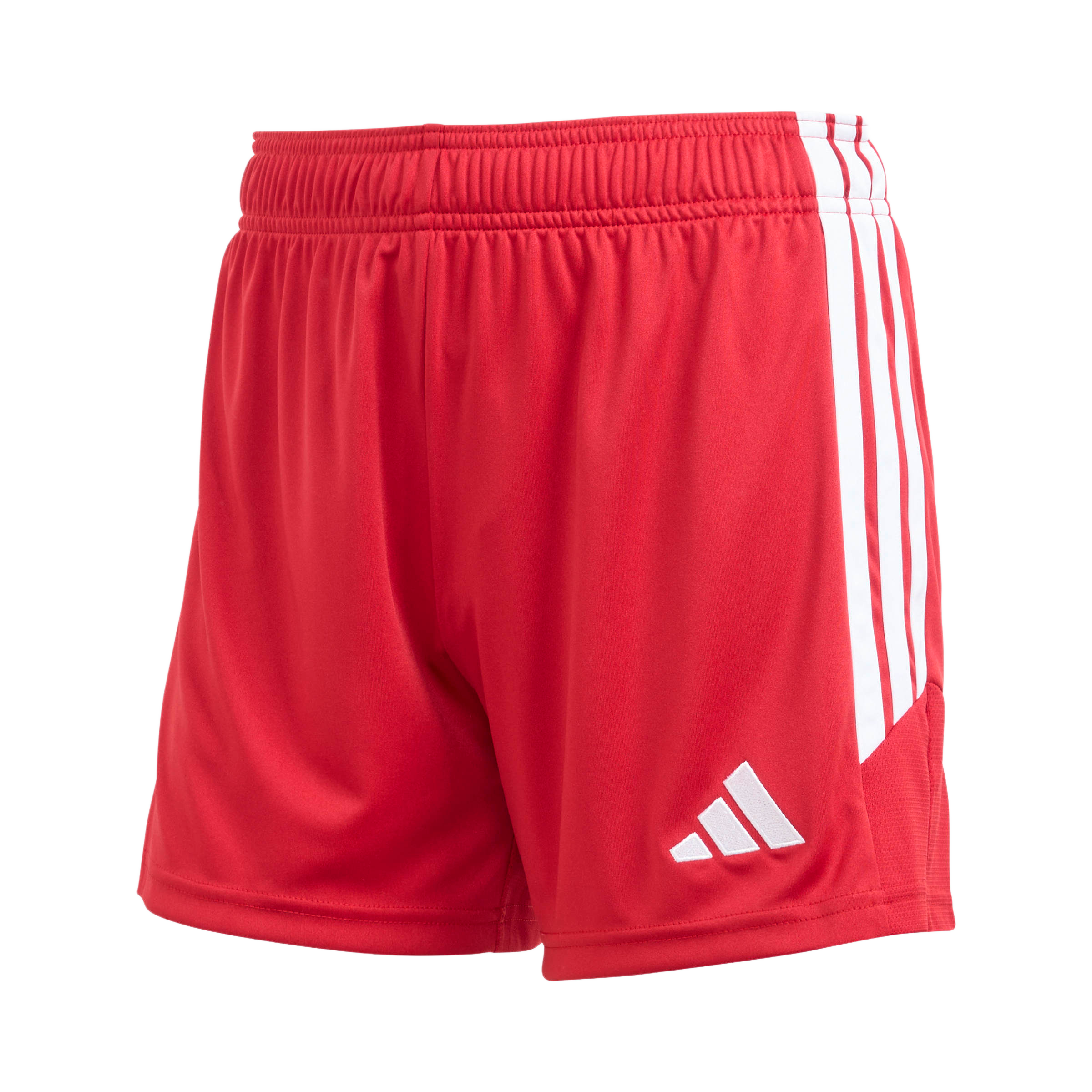 Red Adidas athletic shorts featuring three vertical white stripes on the side and a white logo on the lower left leg.