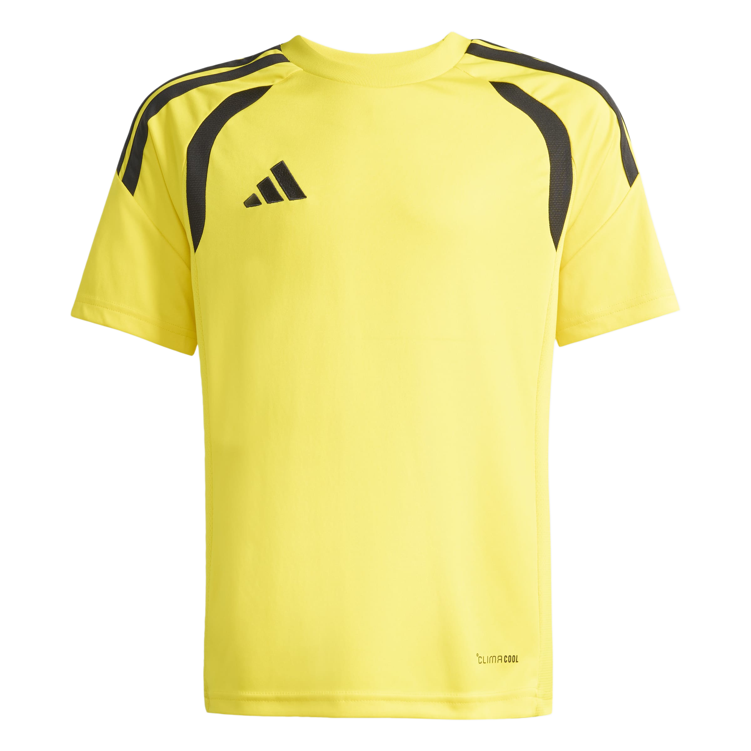A bright yellow short-sleeved Adidas sports shirt with black curved accents on the shoulders, a black logo on the chest, and "CLIMA COOL" text near the hem.