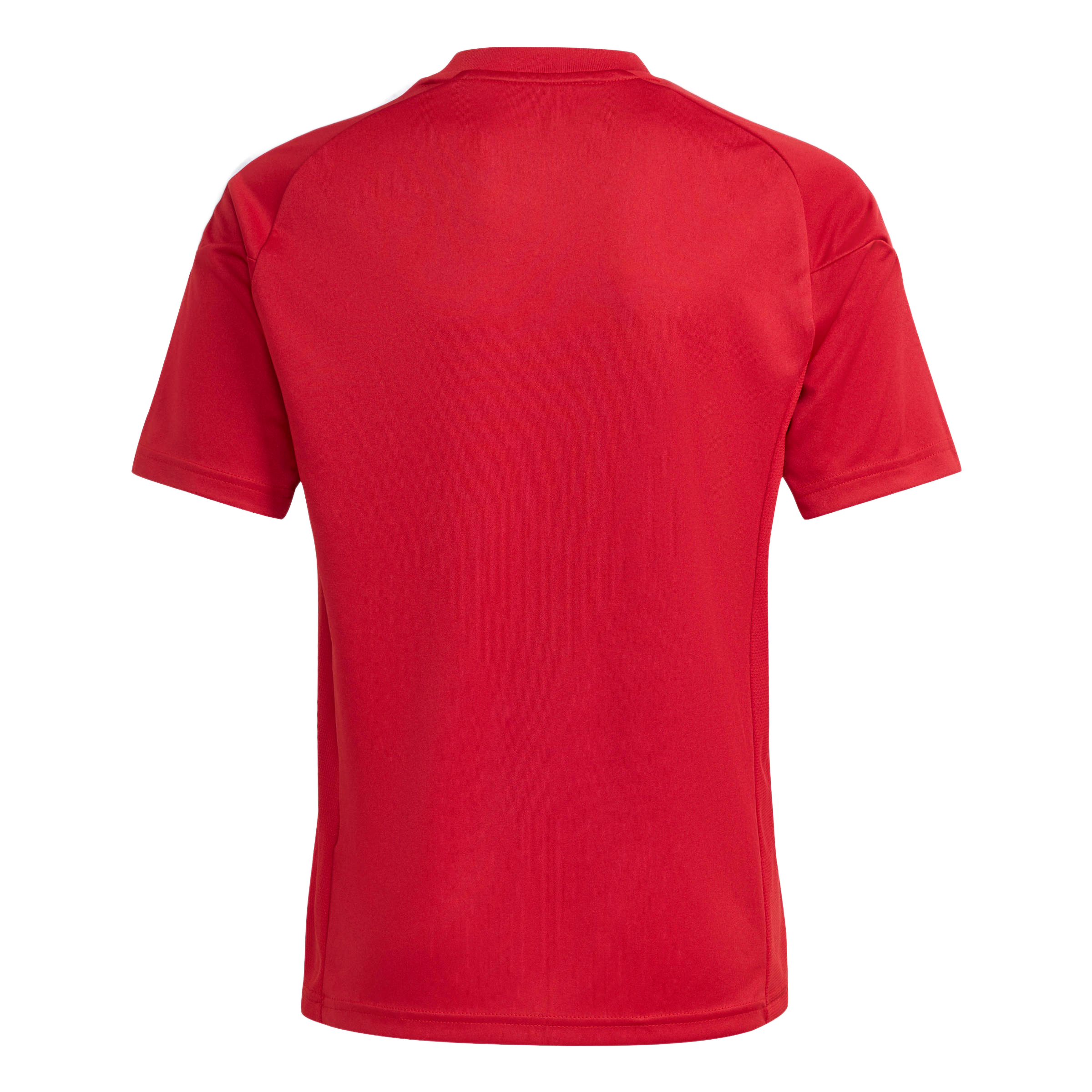 Back view of a red short-sleeved athletic shirt with white stripes on the shoulders, shown against a light gray background.