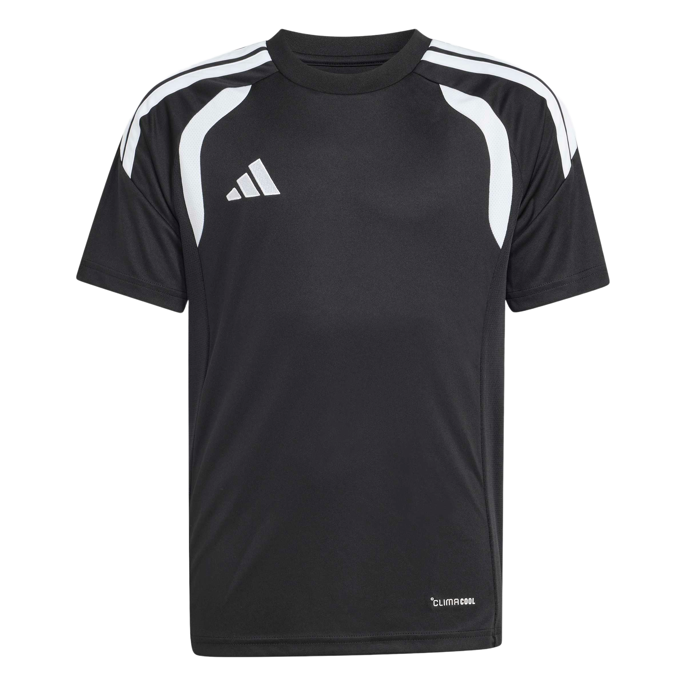 Black Adidas short-sleeve athletic shirt with white shoulder stripes, curved white chest panels, white Adidas logo, and "CLIMACOOL" text near the bottom hem.