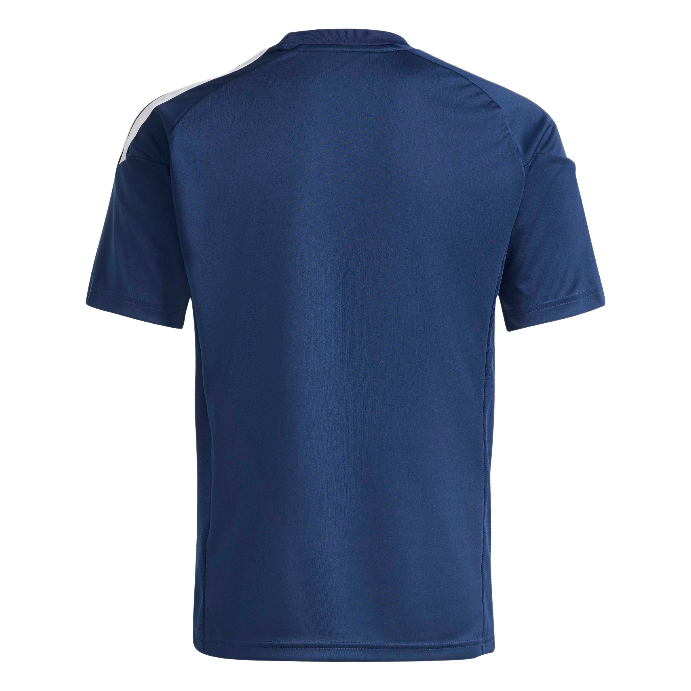 Back view of a navy blue short-sleeved t-shirt with three white stripes on the shoulders, shown against a light gray background.