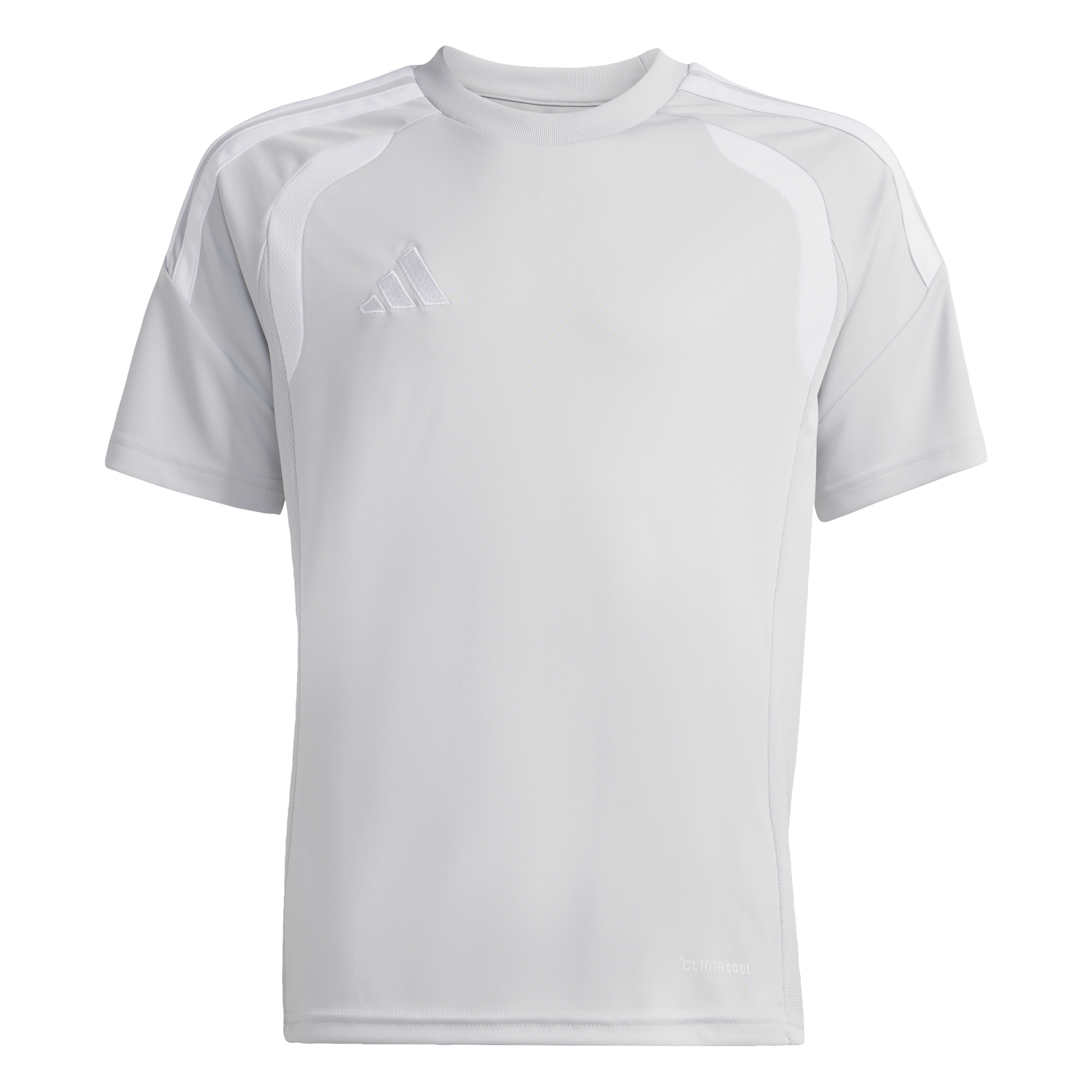 A white short-sleeved Adidas athletic t-shirt with a grey chest logo and "CLIMACOOL" text at the bottom hem, displayed against a black background.
