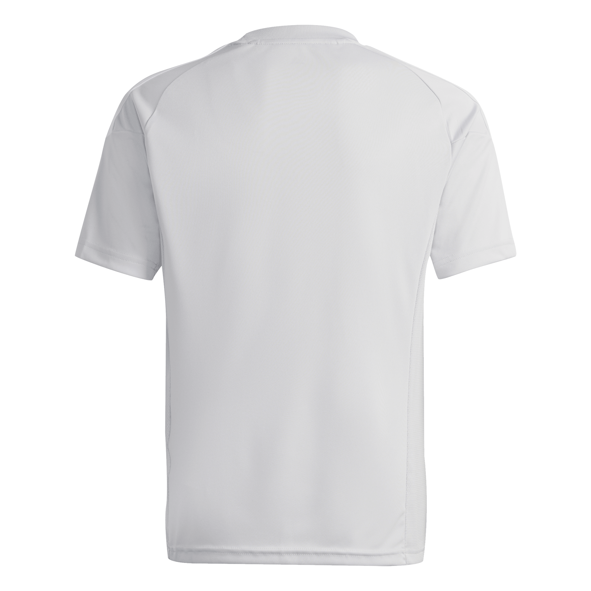 Back view of a plain white short-sleeved athletic t-shirt against a black background. It features a crew neck and subtle mesh-like textured panels along the sides.