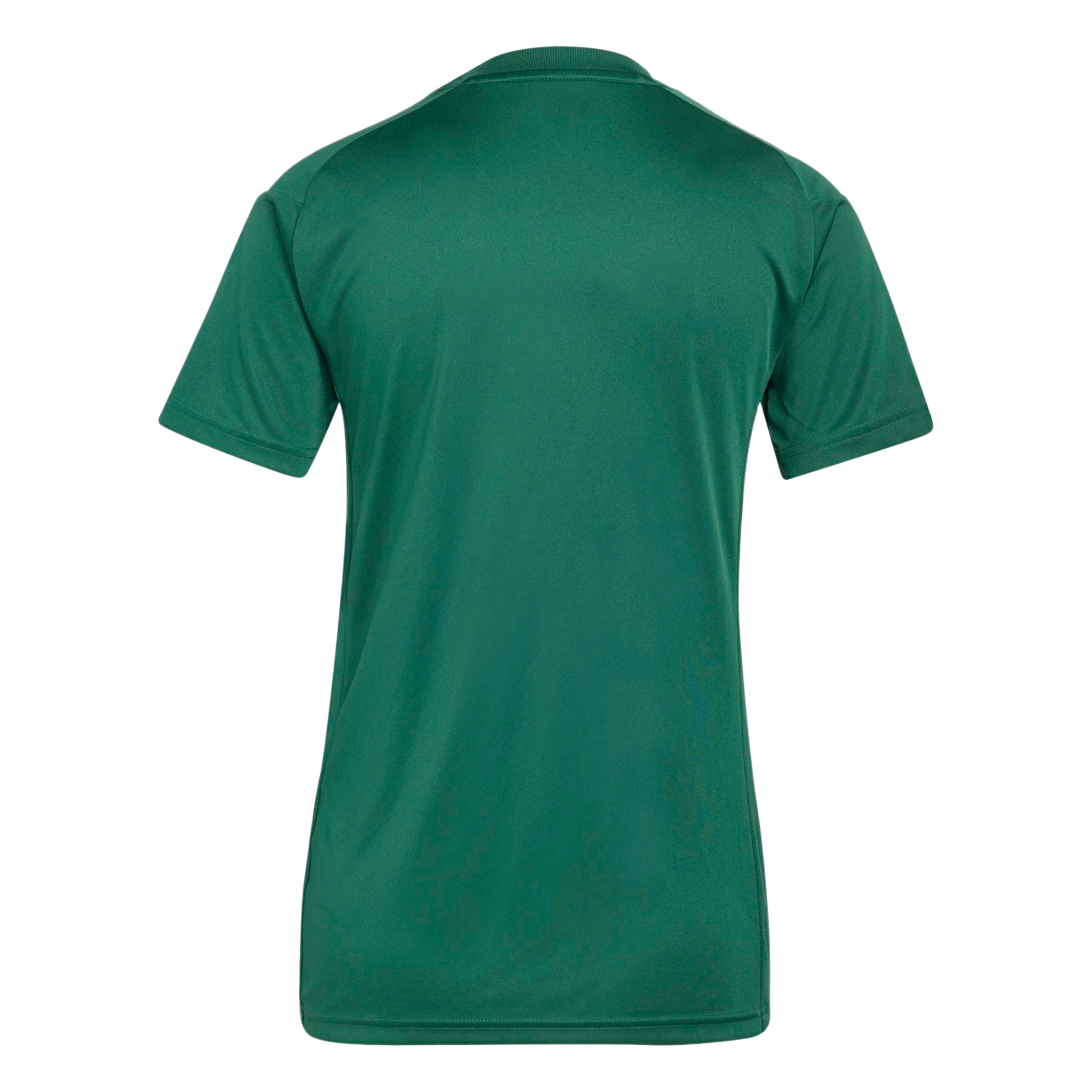 Back view of a short-sleeved dark green athletic t-shirt featuring white stripes on the shoulders.