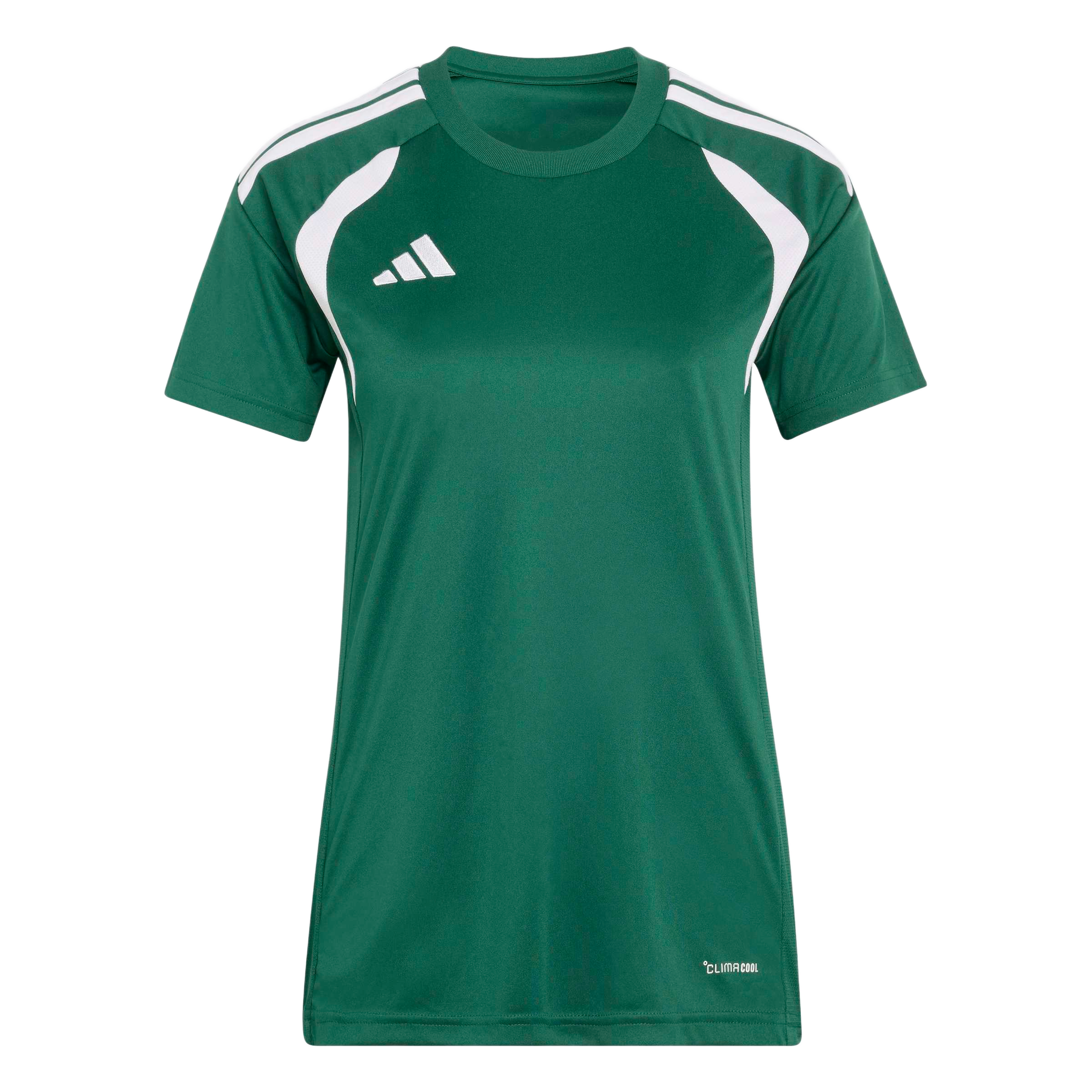 Dark green short-sleeved Adidas athletic jersey featuring white shoulder stripes, white side panels, and a white Adidas logo on the chest.