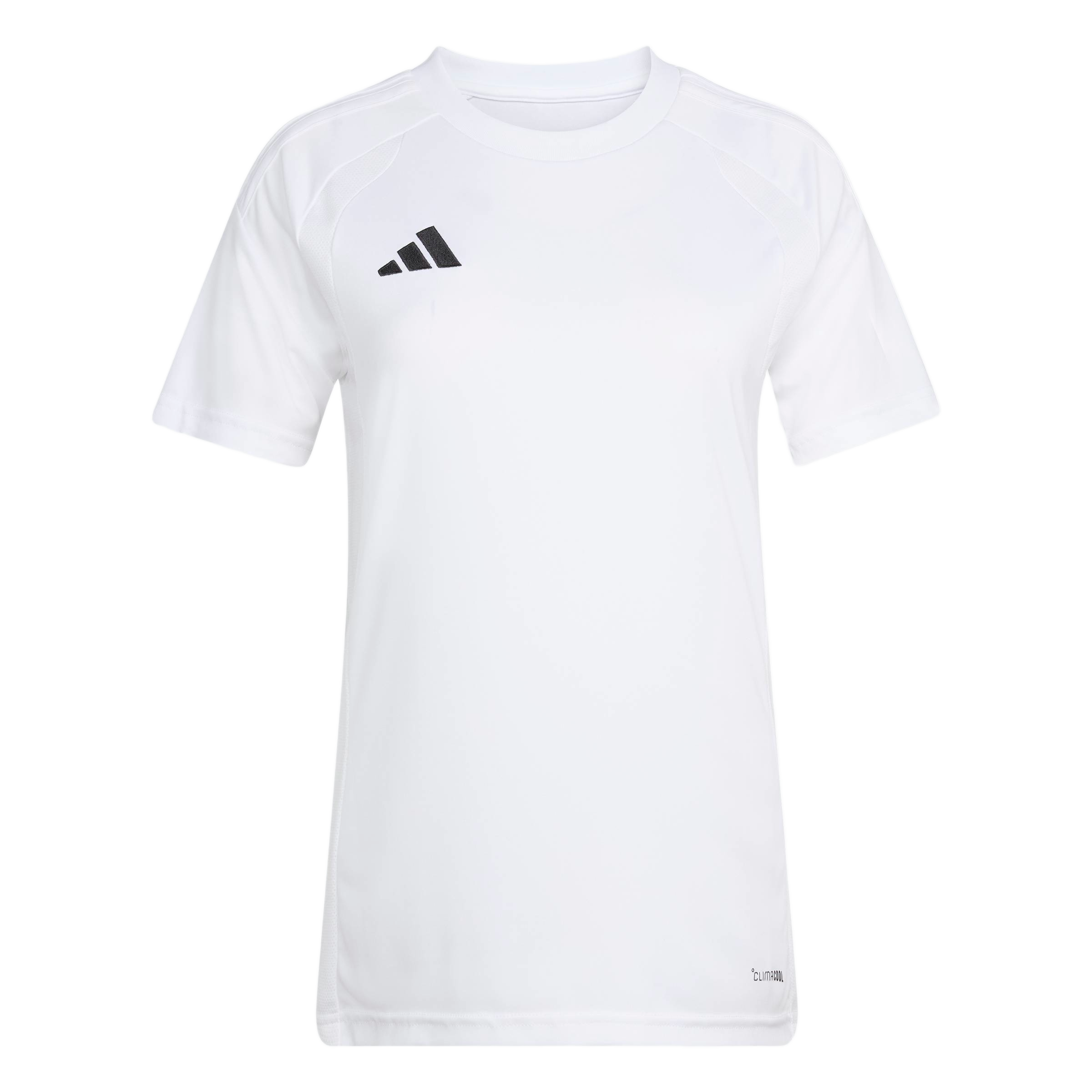 A white short-sleeved Adidas athletic t-shirt with a black logo on the upper chest, displayed against a plain light gray background.
