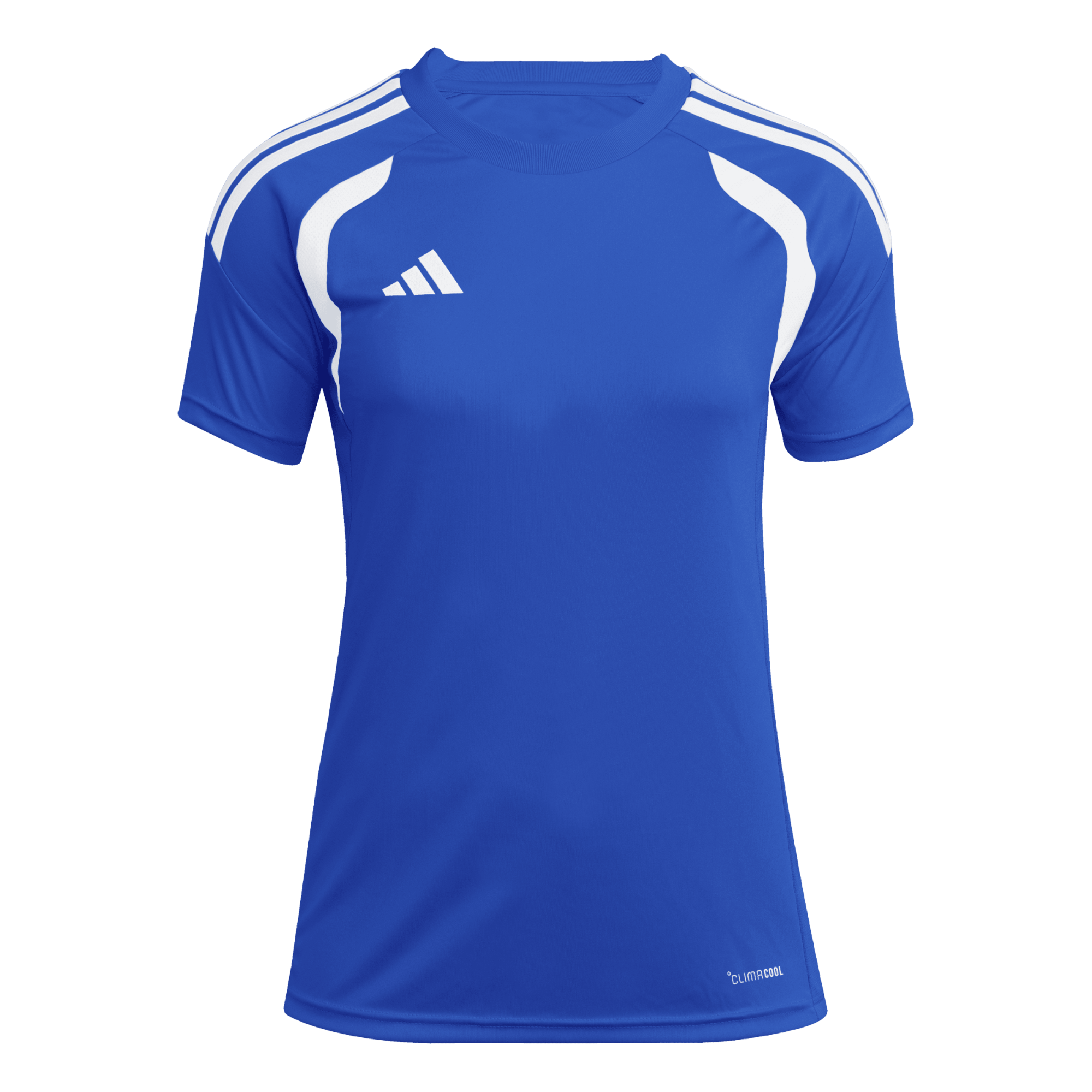 Royal blue Adidas short-sleeve athletic jersey featuring white shoulder stripes, white curved side accents, a white chest logo, and "CLIMACOOL" printed at the bottom.