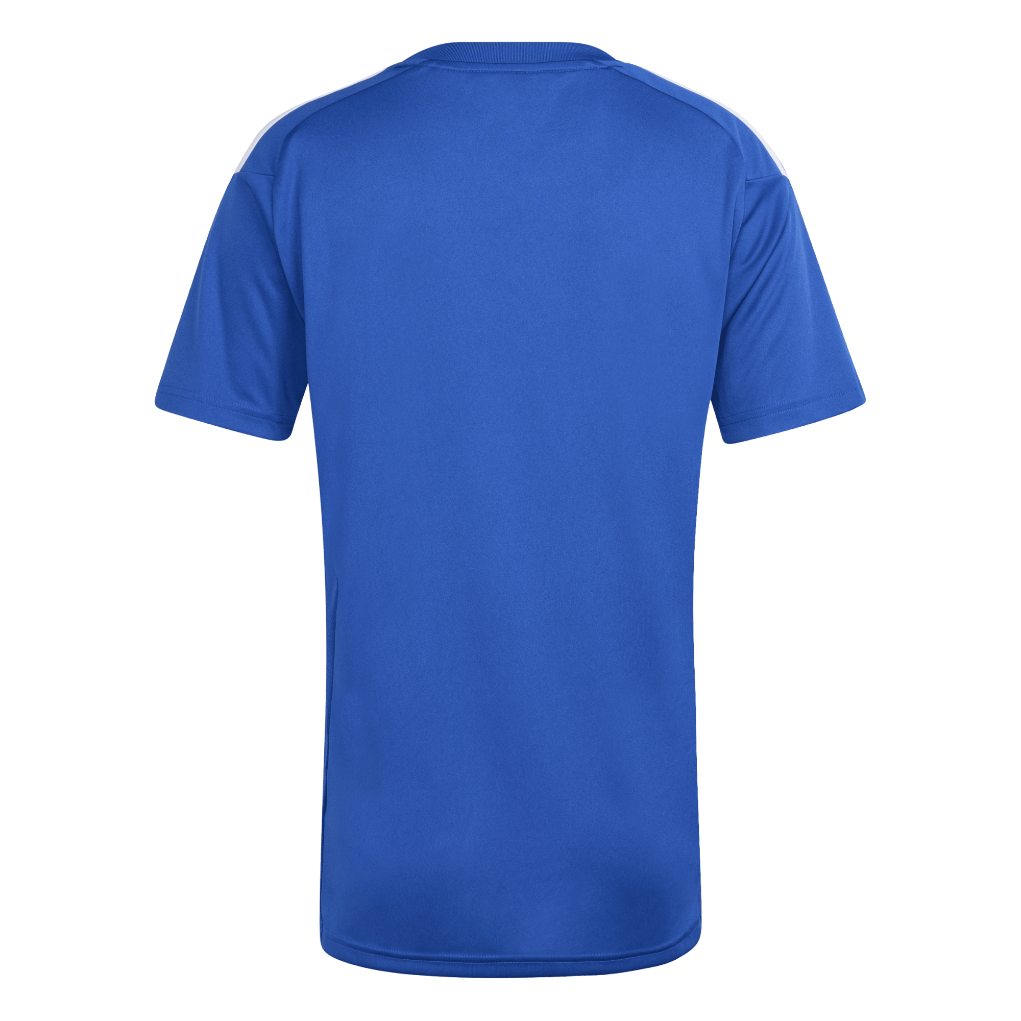 Back view of a solid royal blue short-sleeved athletic t-shirt with white shoulder stripes, set against a black background.