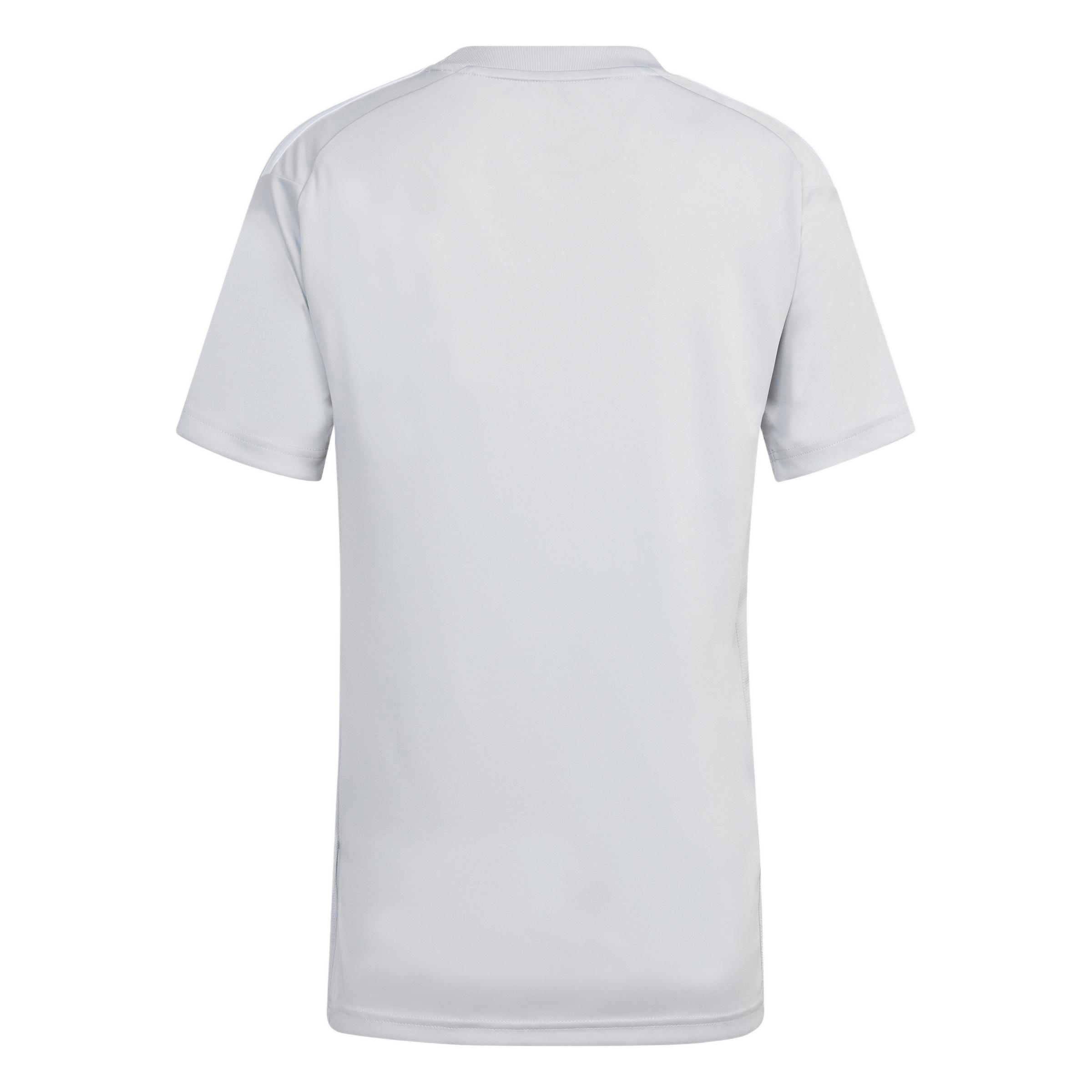 Rear view of a plain light gray short-sleeved t-shirt with a ribbed crew neck and subtle shoulder stripes, centered on a light gray background.