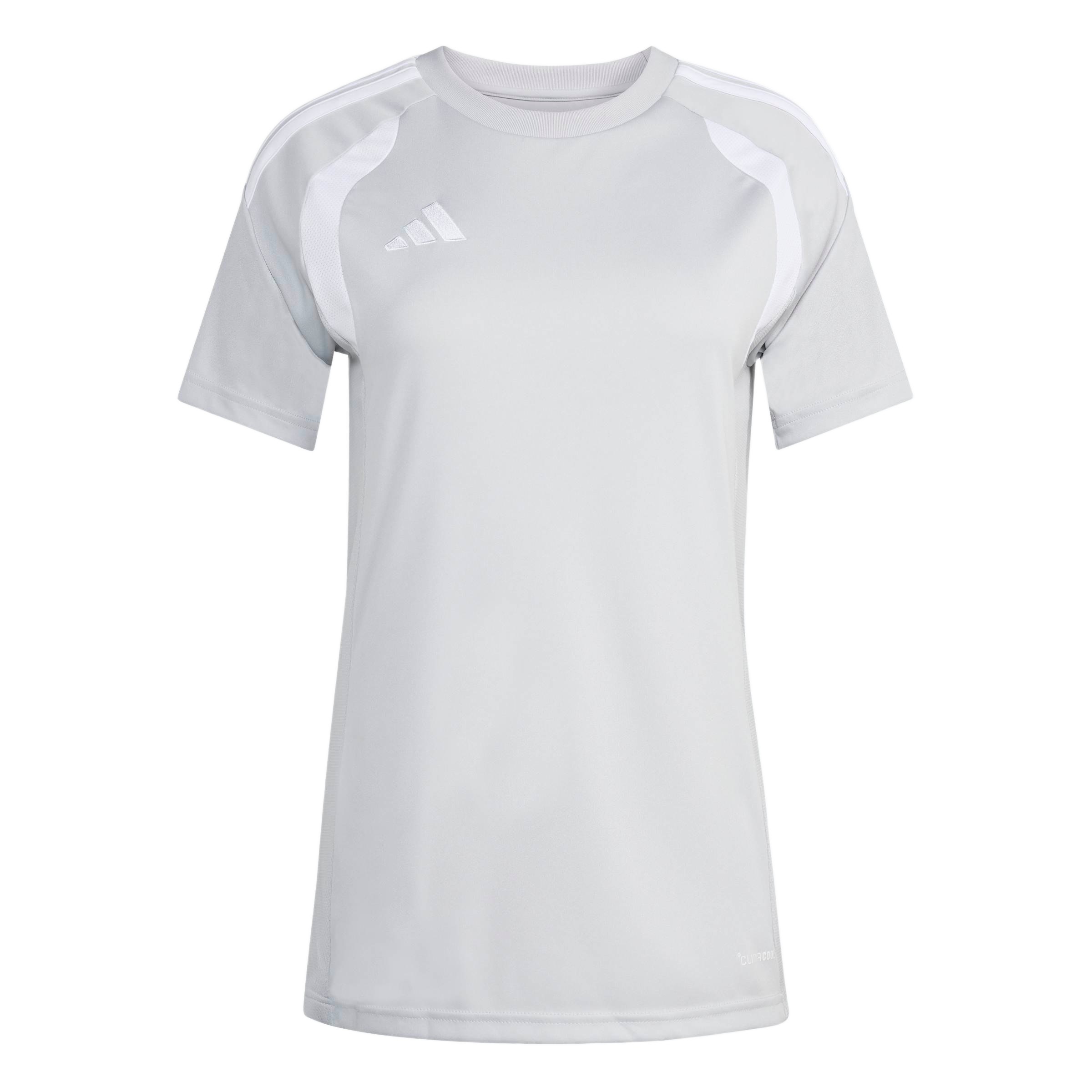 Light gray short-sleeved Adidas athletic jersey featuring white shoulder stripes, a white logo on the chest, and white mesh panels near the shoulders.