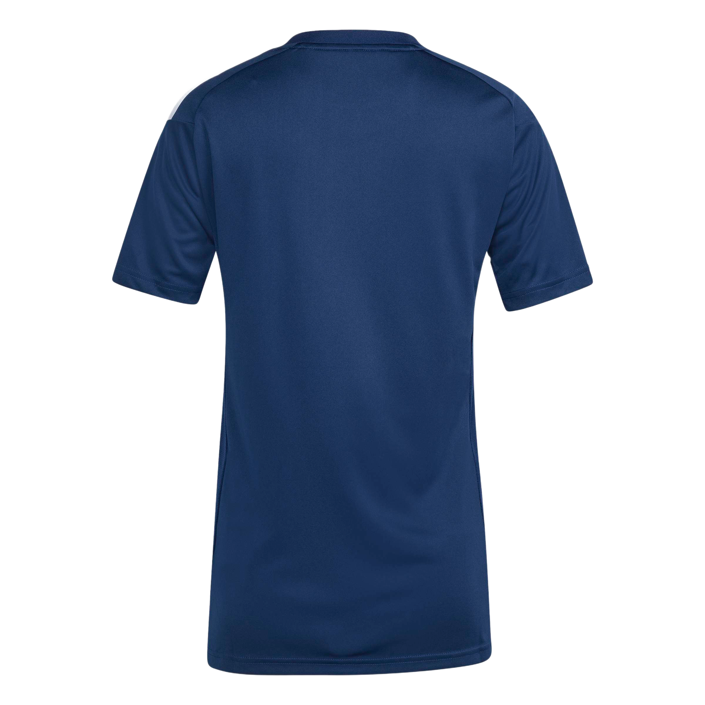 Back view of a navy blue short-sleeved athletic t-shirt with white stripes on the shoulders.