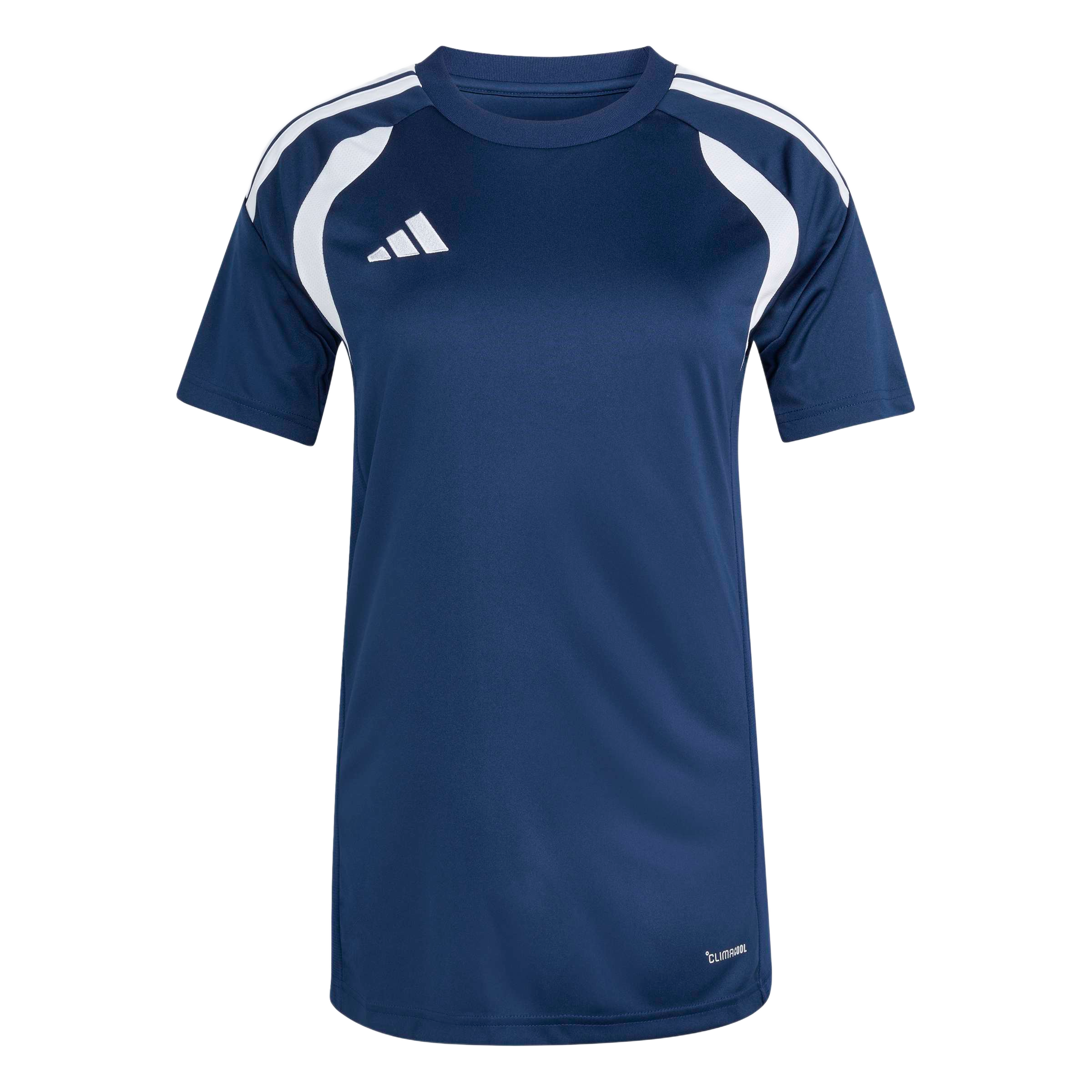 Navy blue Adidas short-sleeve athletic shirt with white shoulder stripes, white curved accents near the armpits, and a white chest logo.