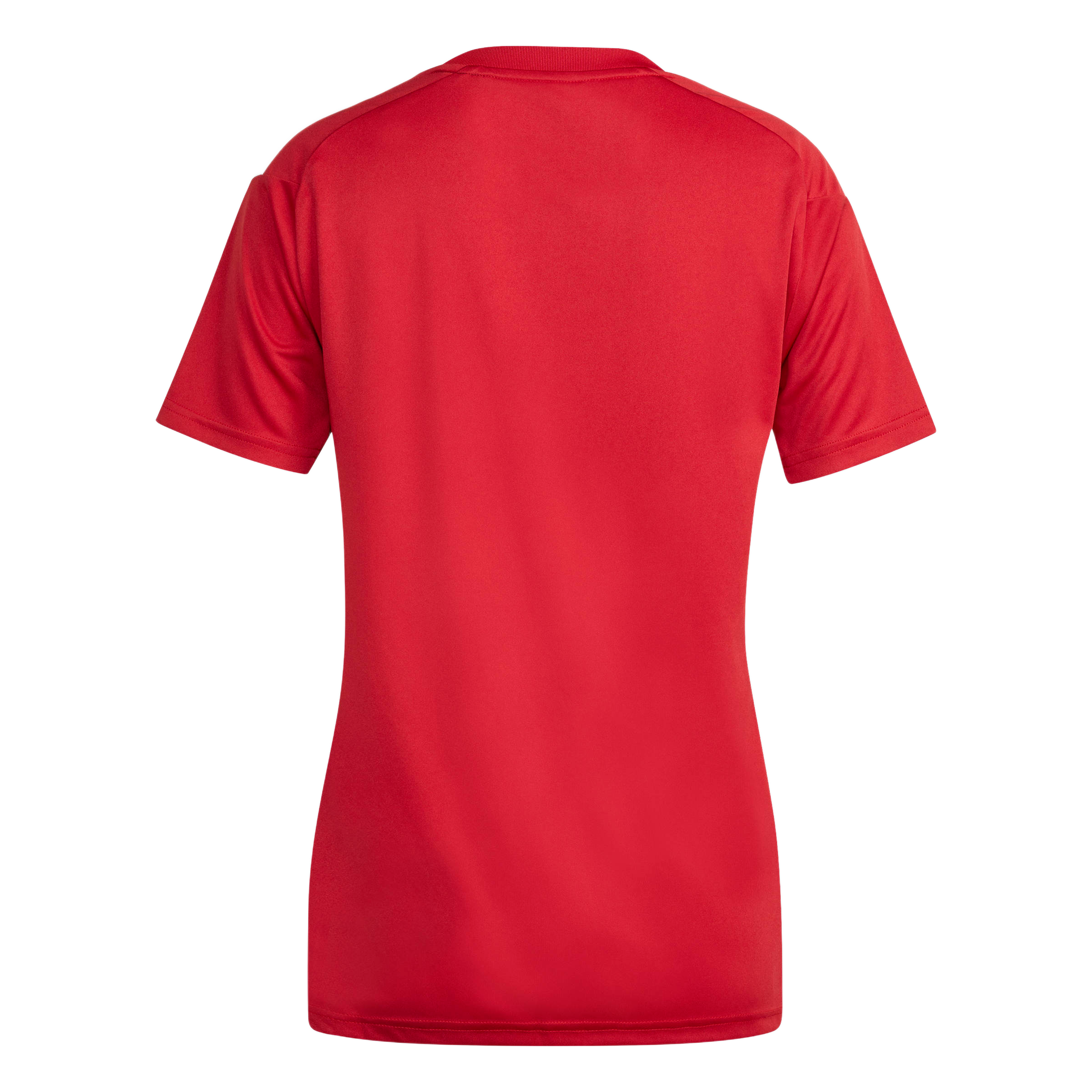 Back view of a short-sleeved red athletic jersey with white stripes on the shoulders.