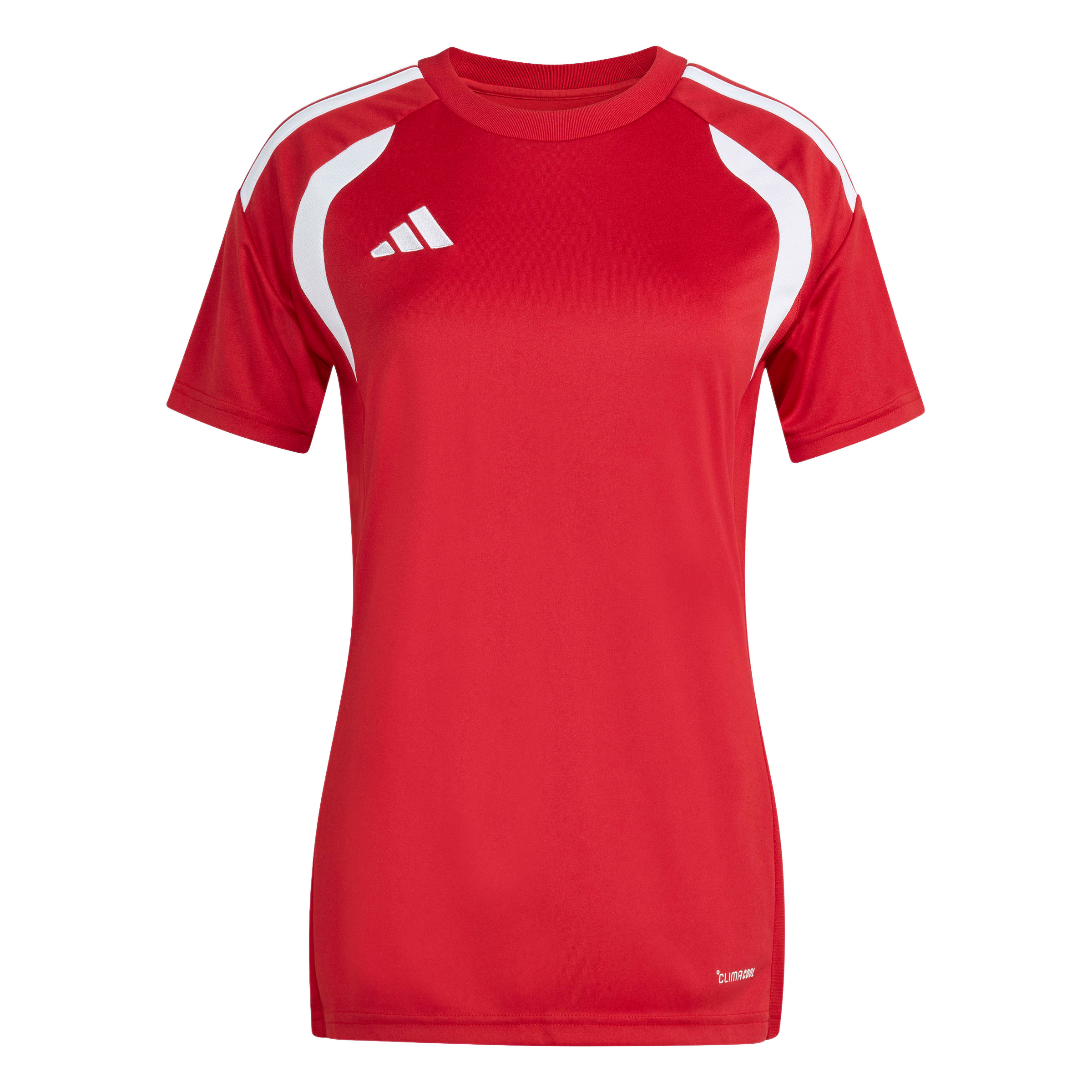 A red women's short-sleeved Adidas jersey featuring white curved shoulder panels, stripes, a white logo on the chest, and "CLIMACOOL" printed at the bottom hem.
