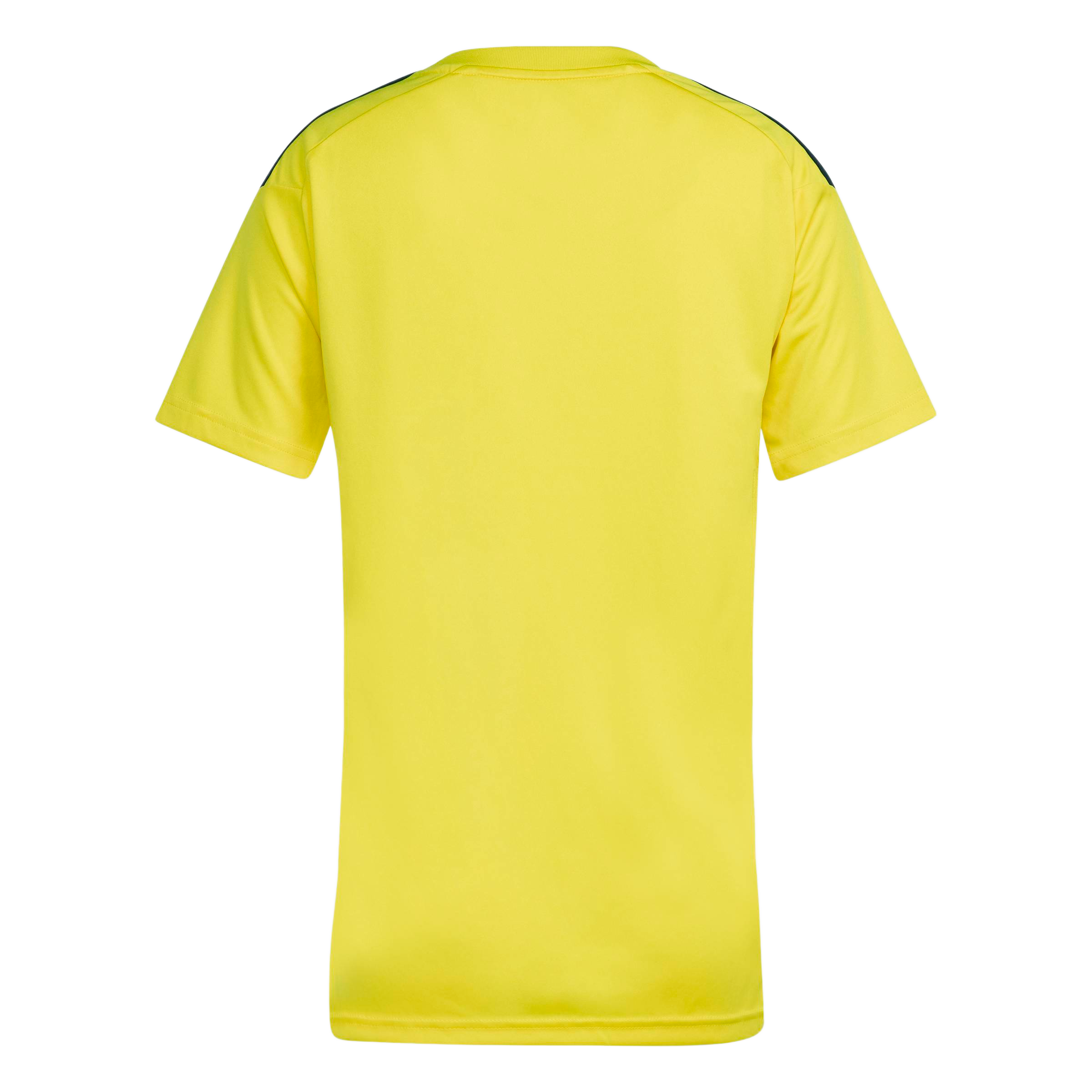 Back view of a bright yellow short-sleeved sports jersey with dark green stripes on the shoulders, set against a plain light gray background.