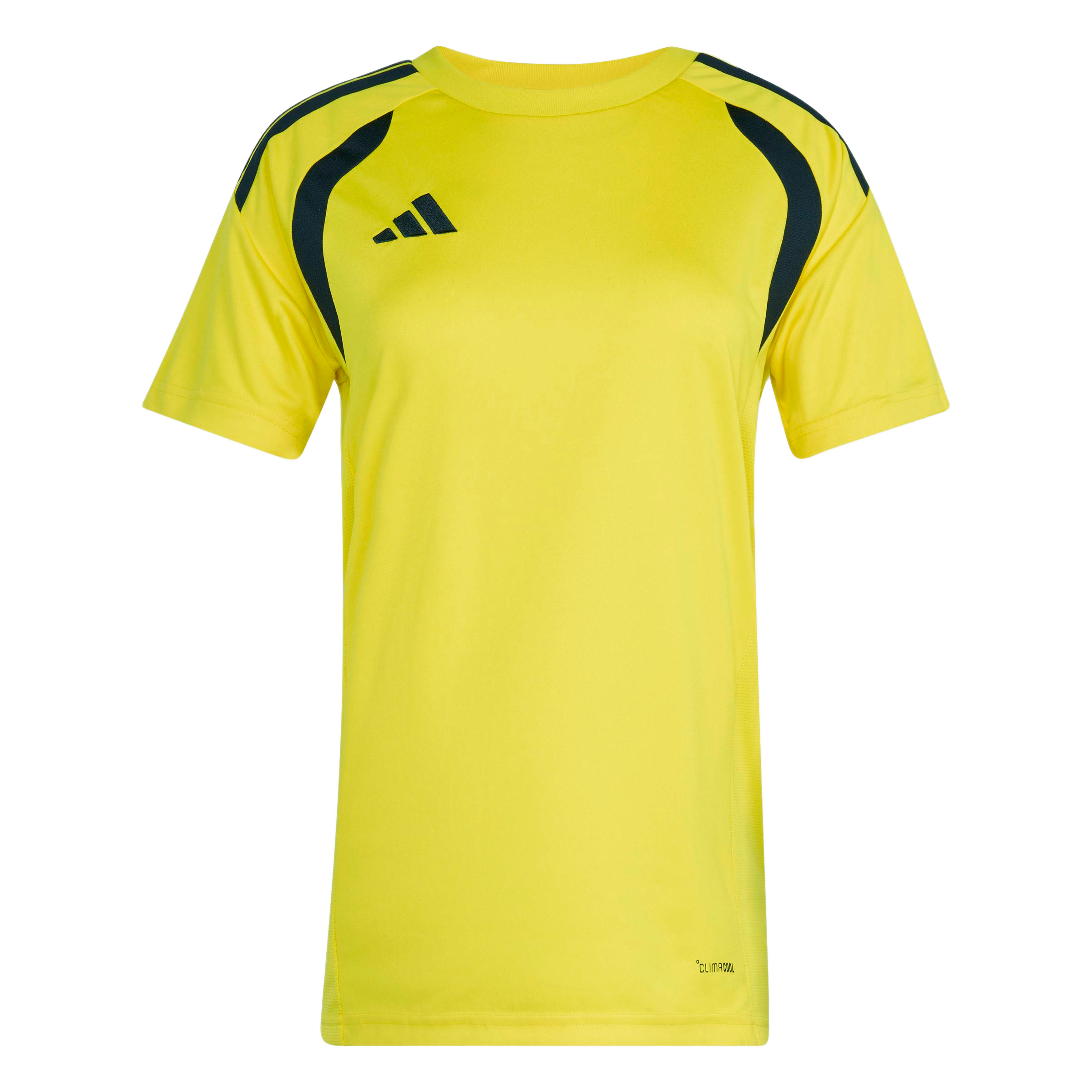 Yellow Adidas short-sleeved athletic shirt with black curved shoulder panels and three stripes. Features a black logo on the right chest and "CLIMACOOL" text at the bottom hem.