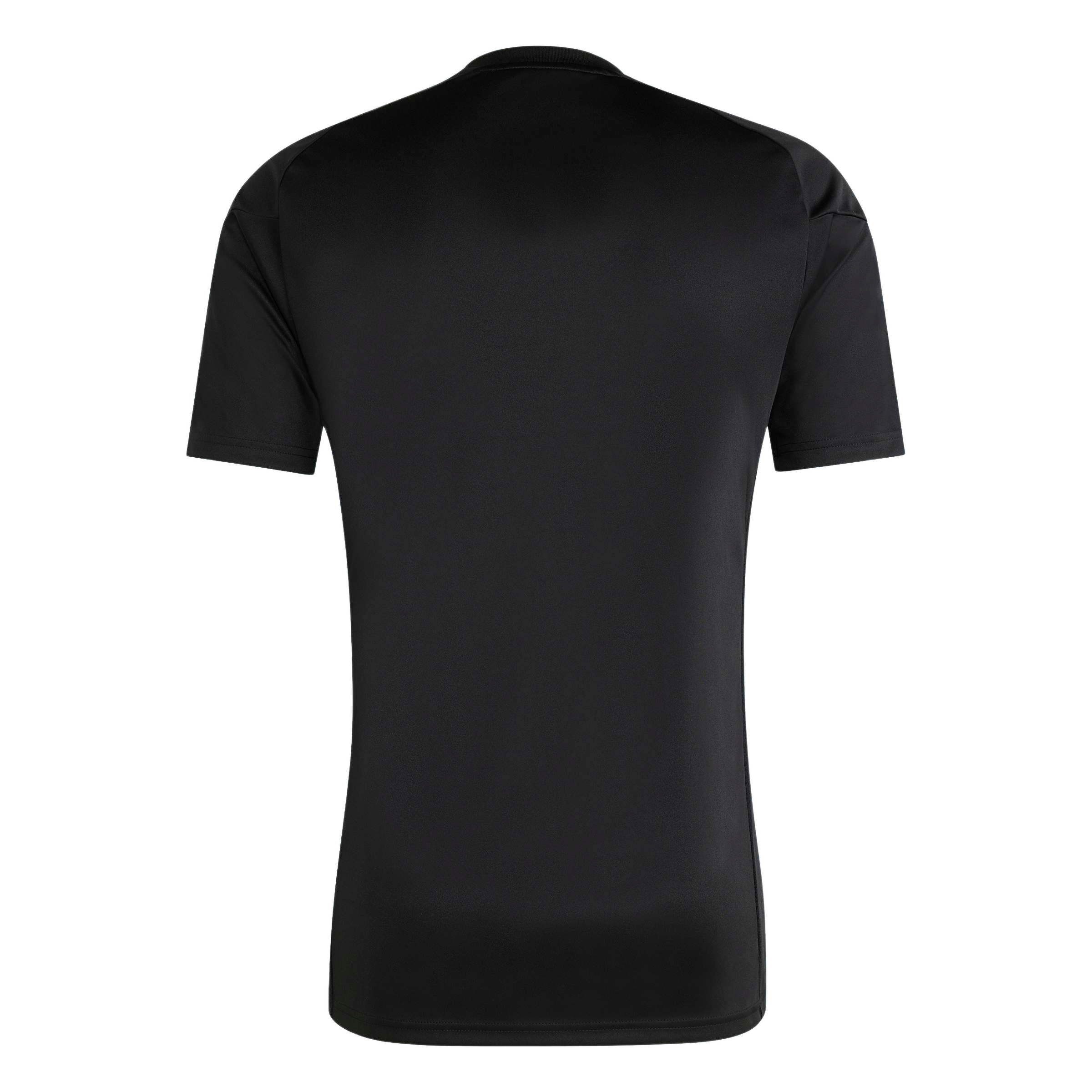 The back of a plain black short-sleeved t-shirt against a light gray background.