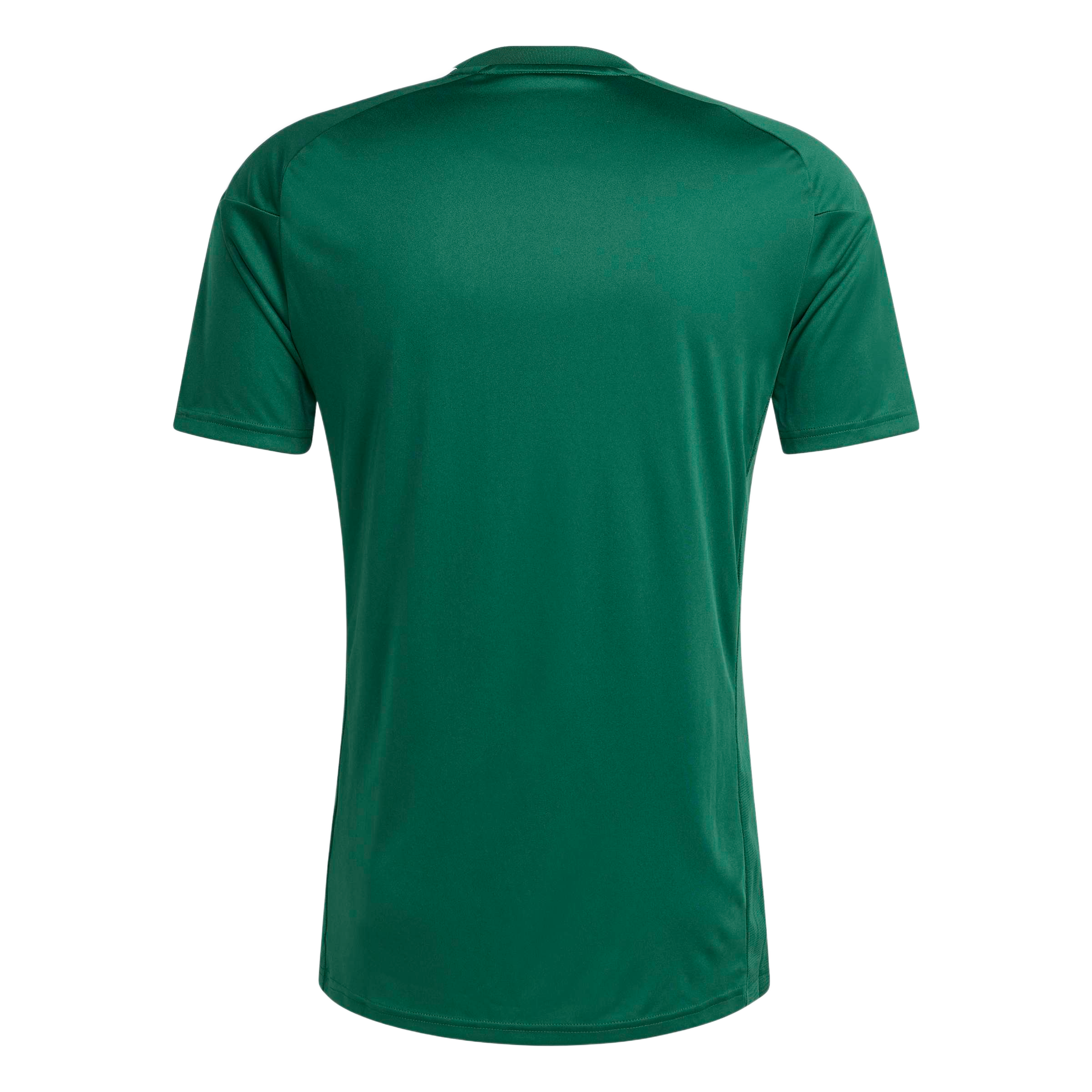Back view of a green short-sleeved athletic jersey with three white stripes on the shoulders.