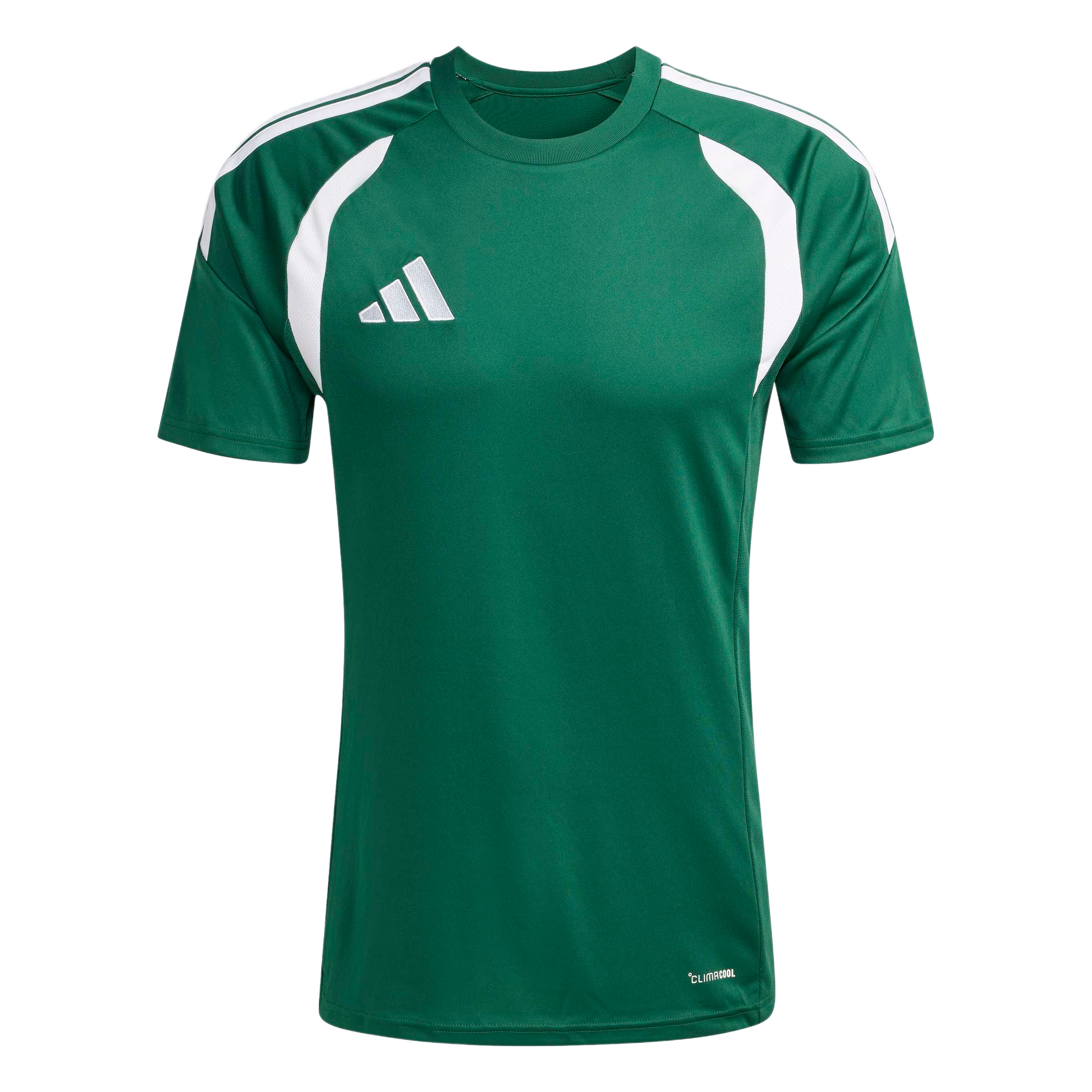 Green short-sleeved Adidas athletic t-shirt featuring white side panels, three white shoulder stripes, and a white logo on the right chest.
