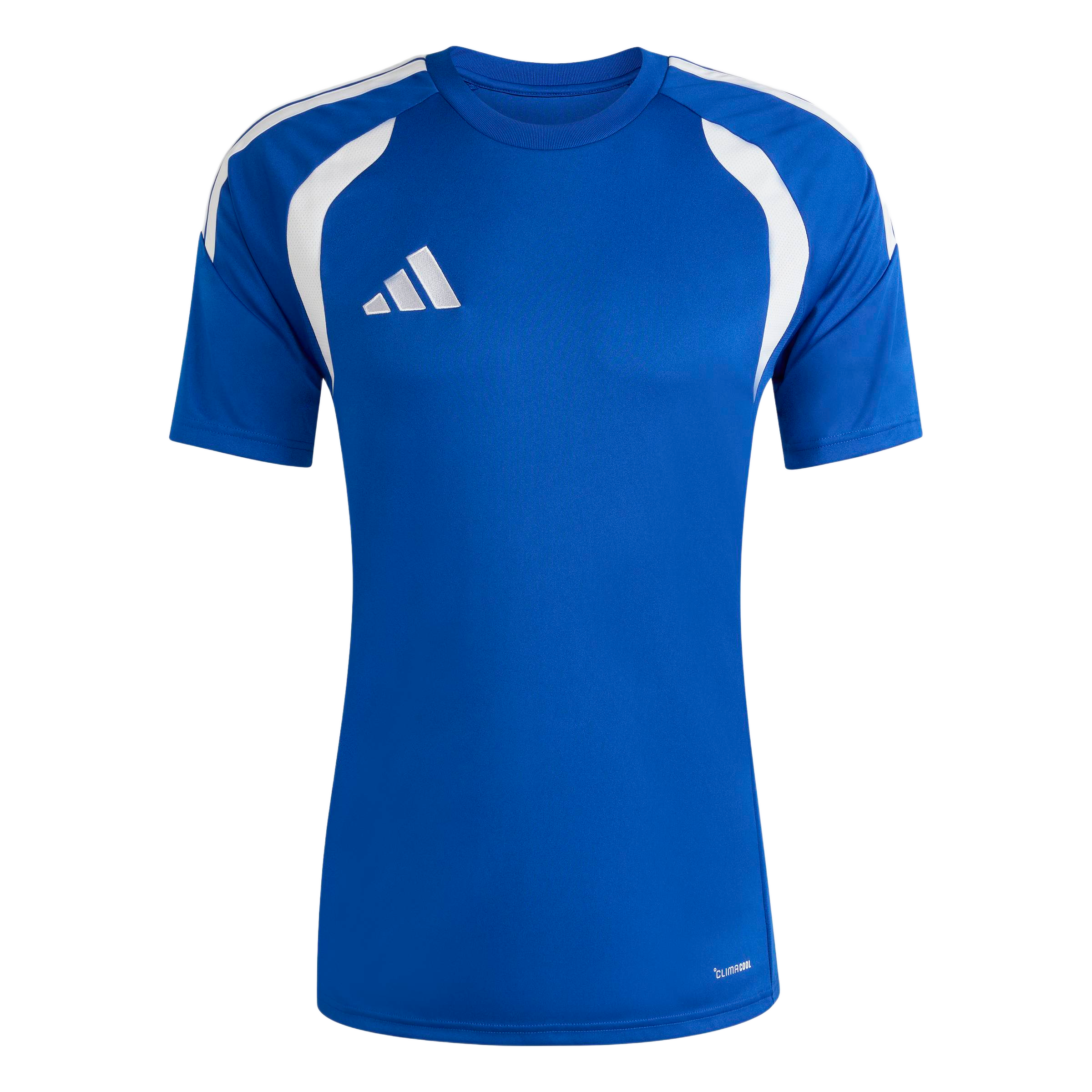 Royal blue Adidas short-sleeve athletic shirt with white shoulder panels and stripes. Features a white logo on the chest and "CLIMACOOL" branding at the hem.