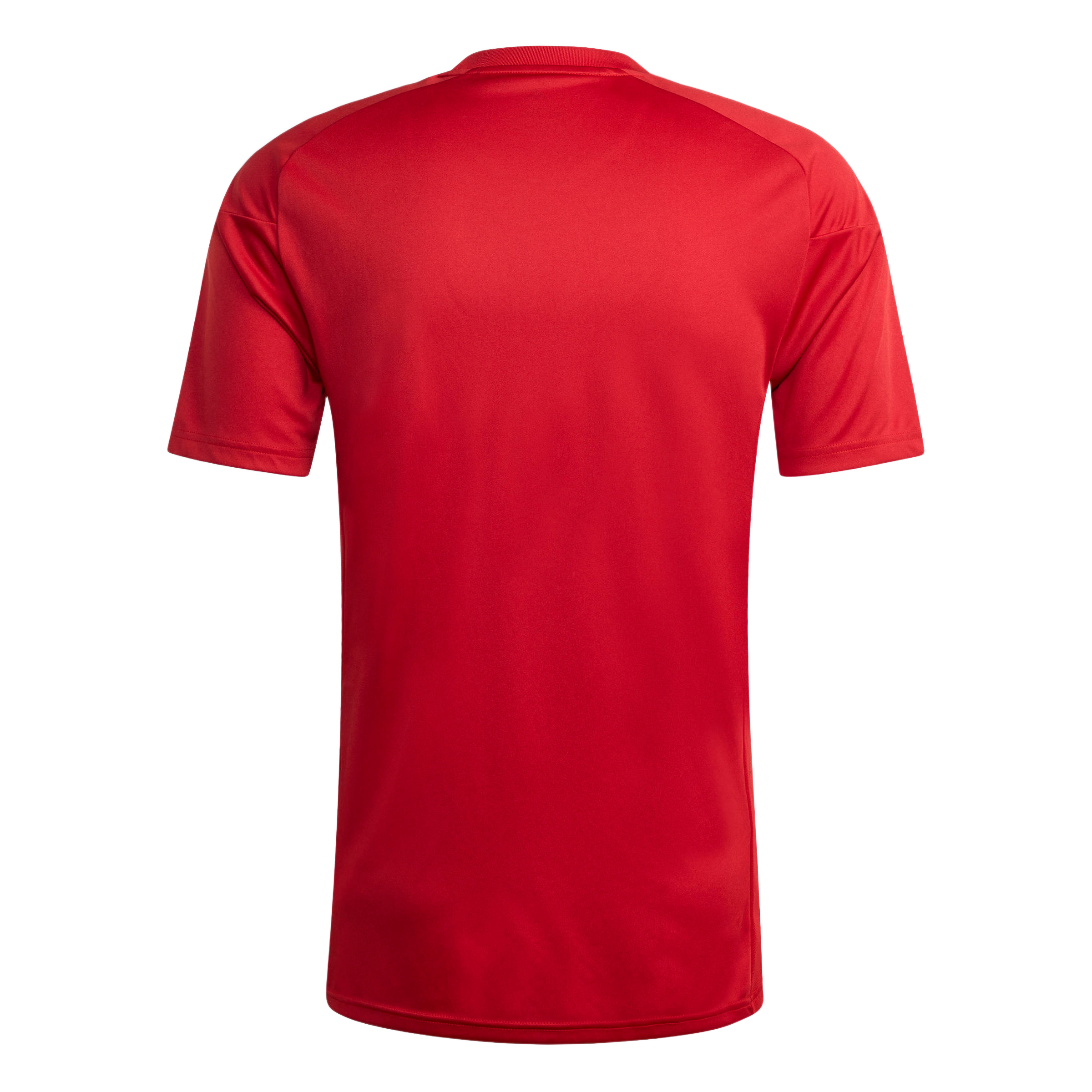 The back view of a solid red short-sleeved athletic jersey against a light gray background.