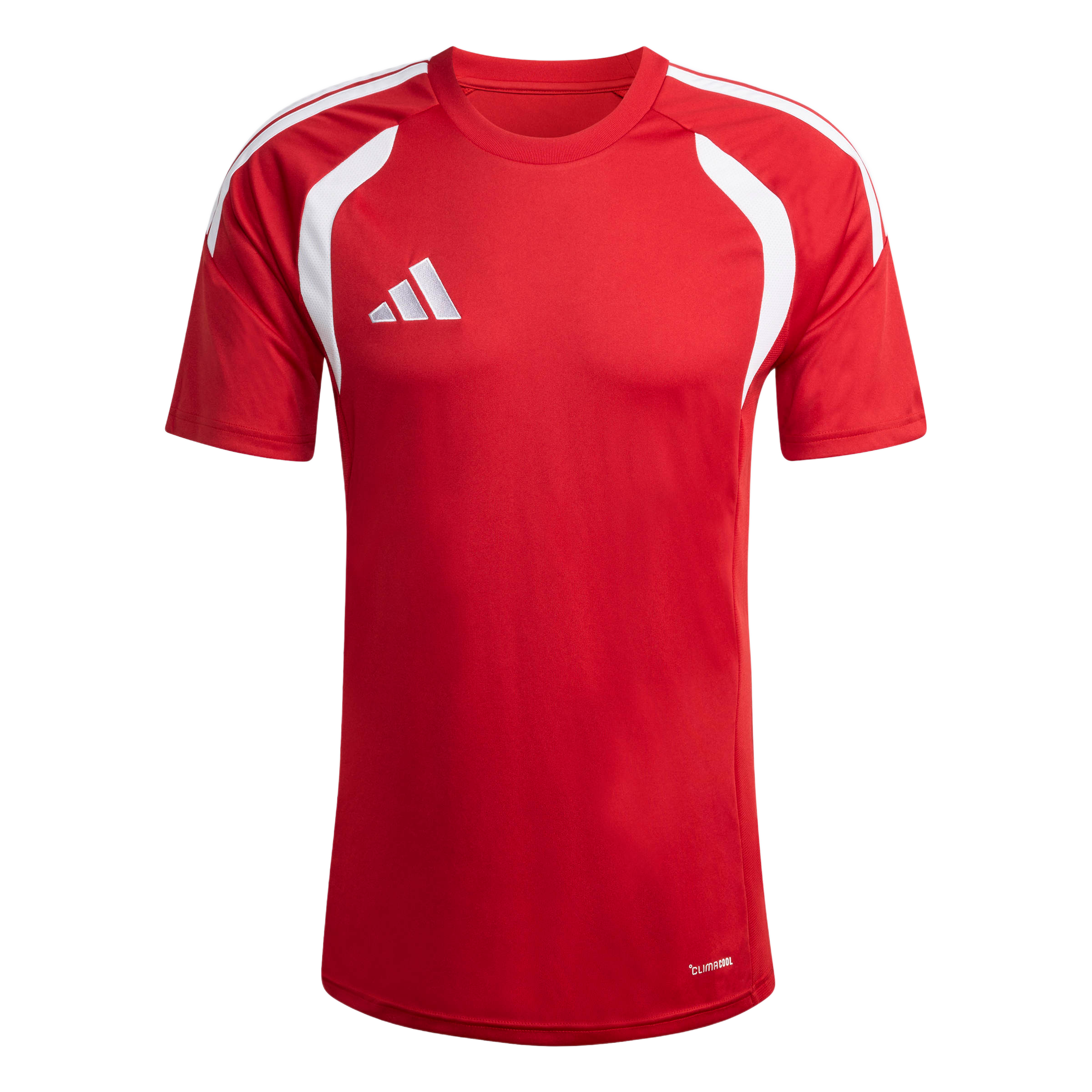 A red Adidas short-sleeved sports jersey with white three-stripe shoulder detailing, curved white side panels, and a white Adidas logo on the right chest.