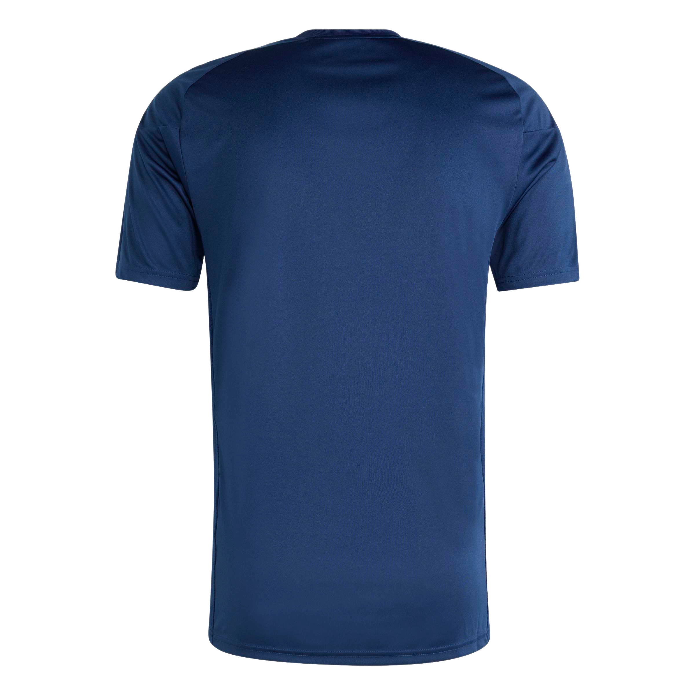 Back view of a navy blue, short-sleeved athletic t-shirt with a crew neck, displayed against a light gray background.