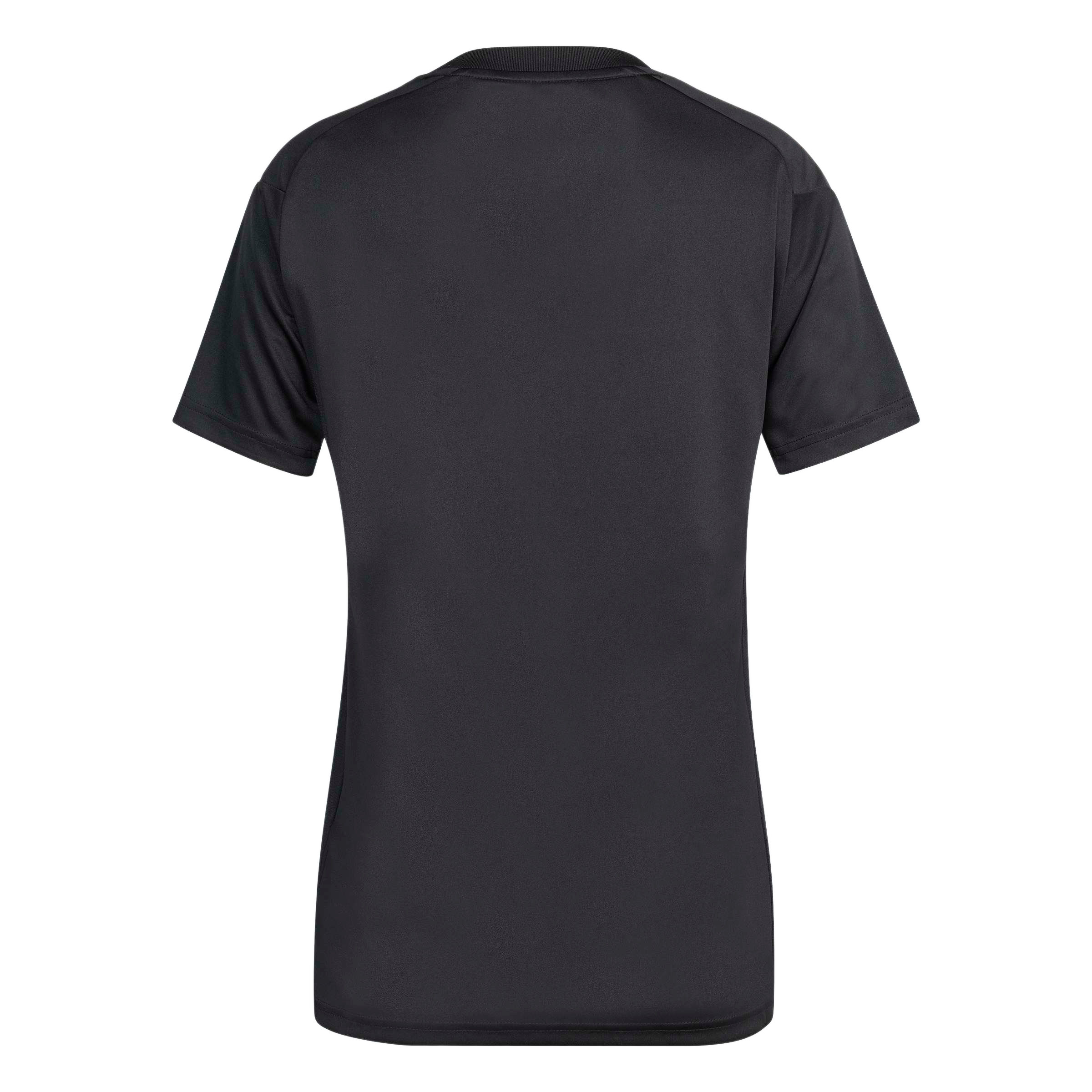 The back view of a solid black short-sleeved t-shirt against a plain light gray background.