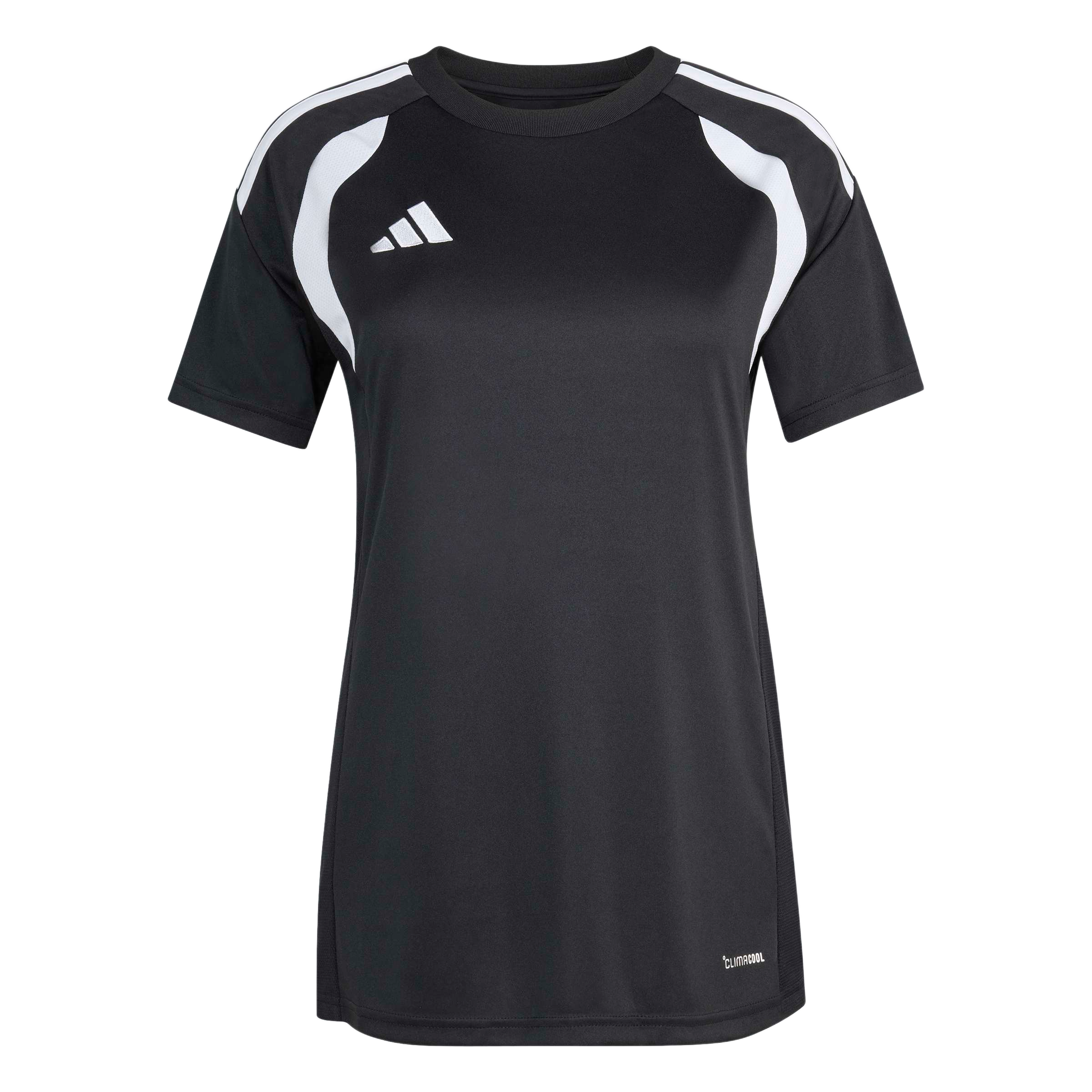 A black short-sleeved Adidas athletic jersey featuring white side inserts, white shoulder stripes, and the 'CLIMACOOL' logo at the bottom right hem.