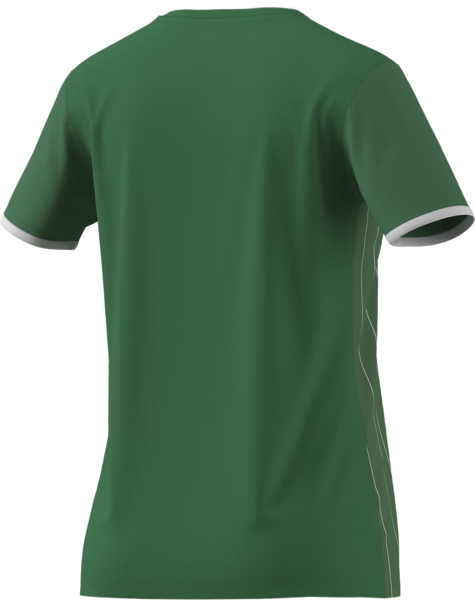 Back view of a green short-sleeved jersey featuring white trim on the collar and sleeve cuffs and a white line design on the right side.