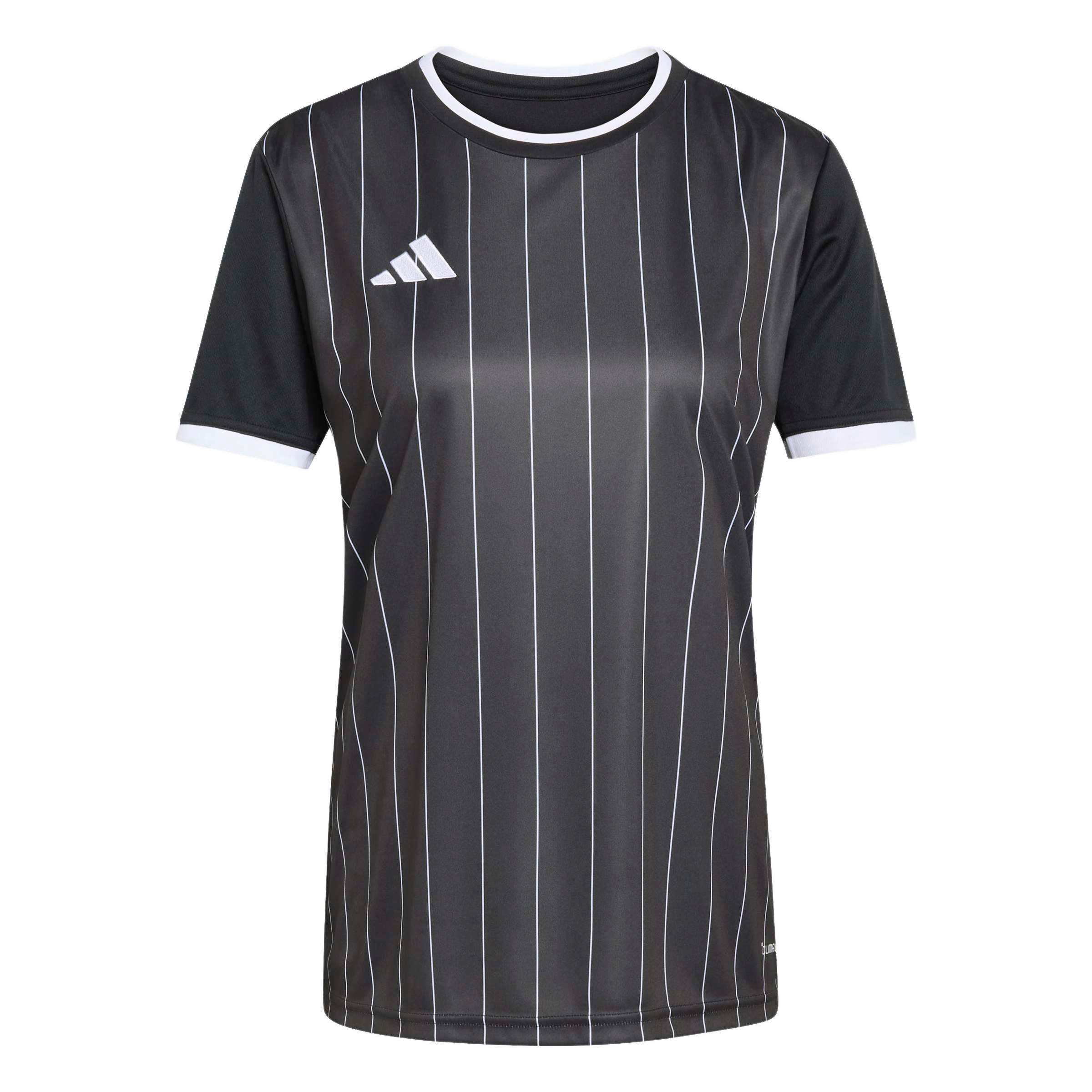 Black Adidas short-sleeve jersey with thin vertical white pinstripes. Features a white crew neck, white cuffs, and a white Adidas logo on the chest.