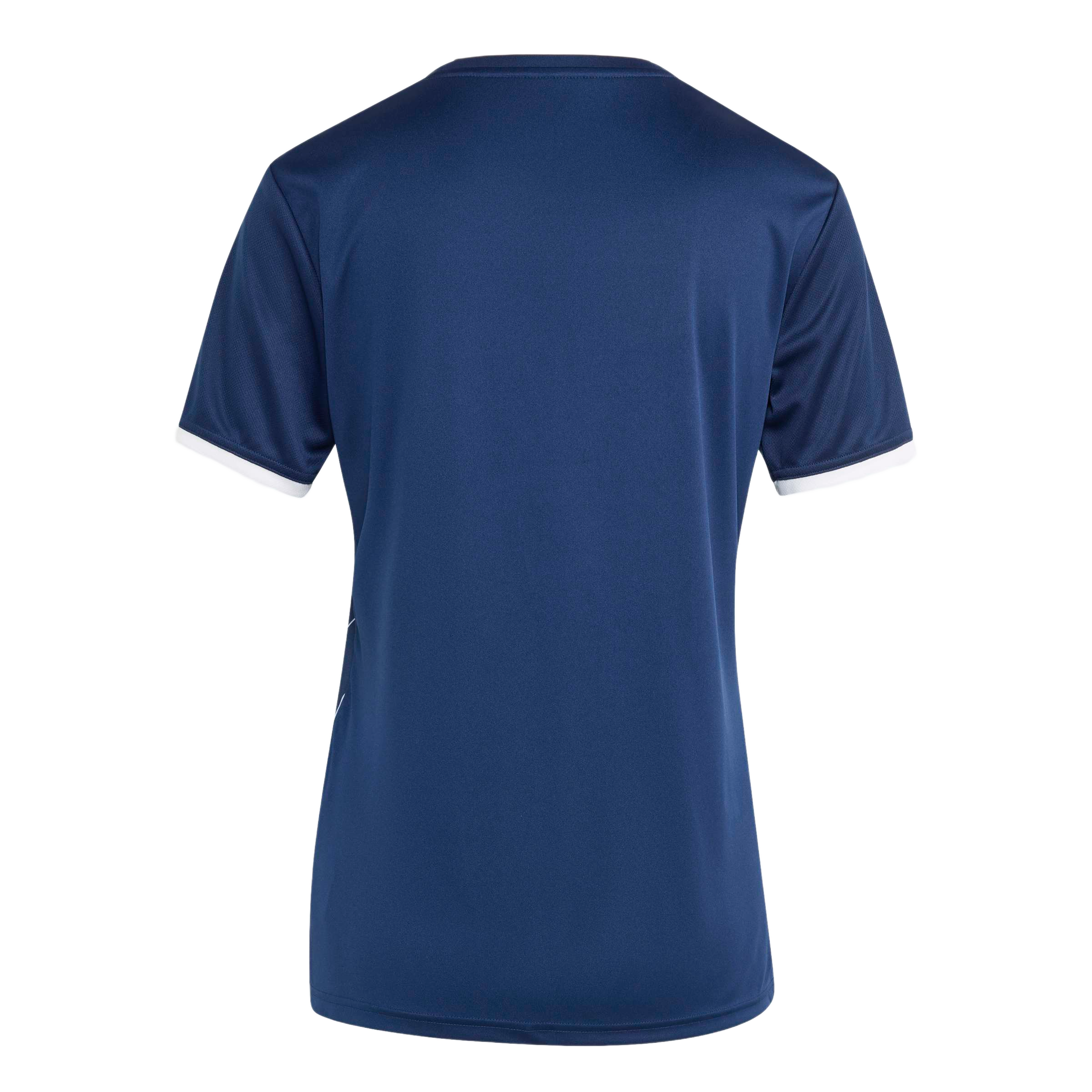 Back view of a navy blue athletic t-shirt with short sleeves, featuring white trim on the collar and cuffs and a small white graphic on the lower left side.