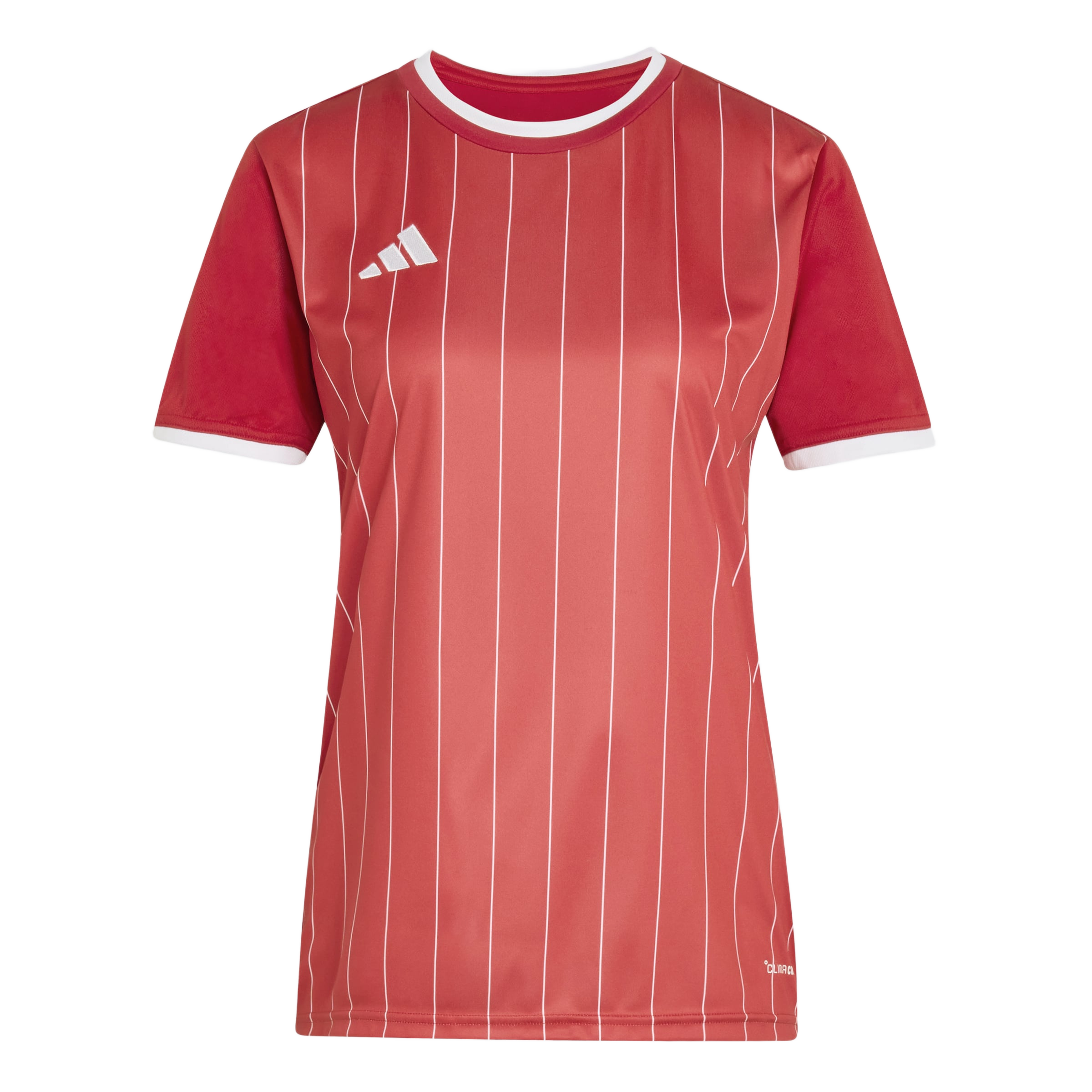 Red Adidas short-sleeved jersey with white vertical pinstripes and white trim on the neck and cuffs.