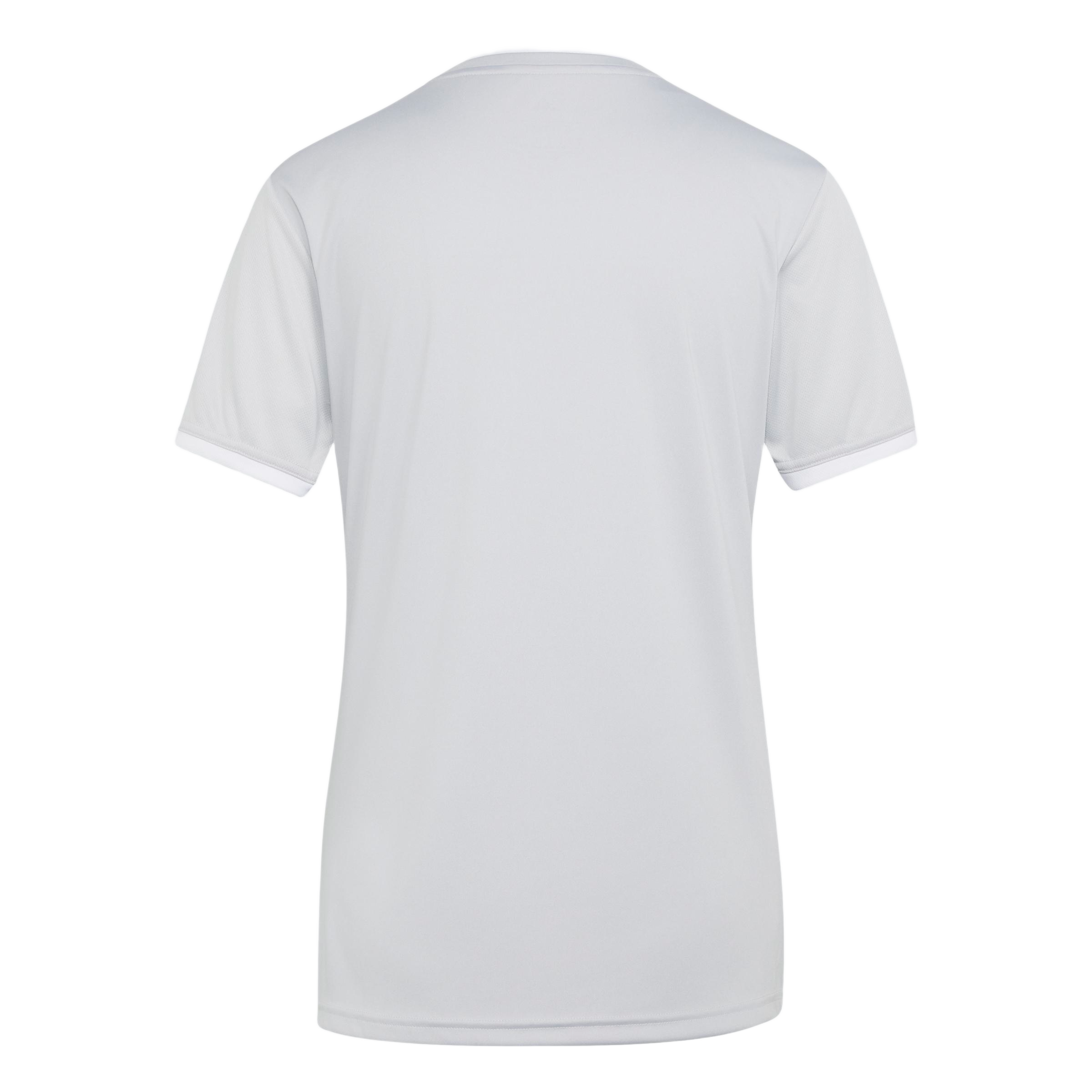 Back view of a light grey short-sleeved jersey with white trim on the collar and sleeve cuffs.