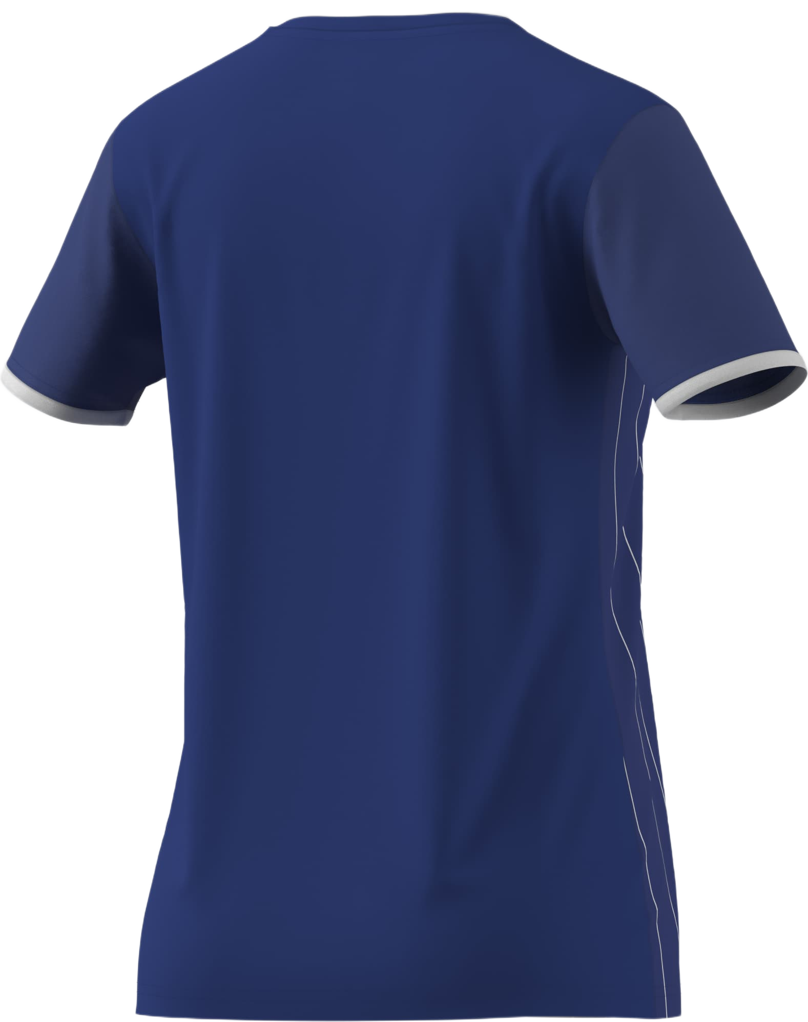 Rear view of a navy blue short-sleeved jersey featuring white trim on the collar and sleeve cuffs and subtle white diagonal stripes on one side.