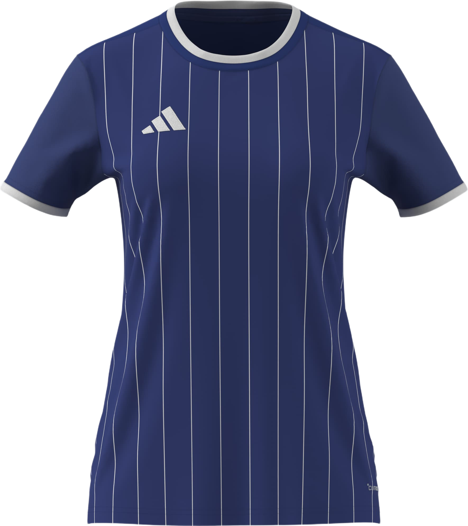 A navy blue short-sleeve athletic jersey with thin white vertical pinstripes, a white crew neck, and a white Adidas logo on the right chest.