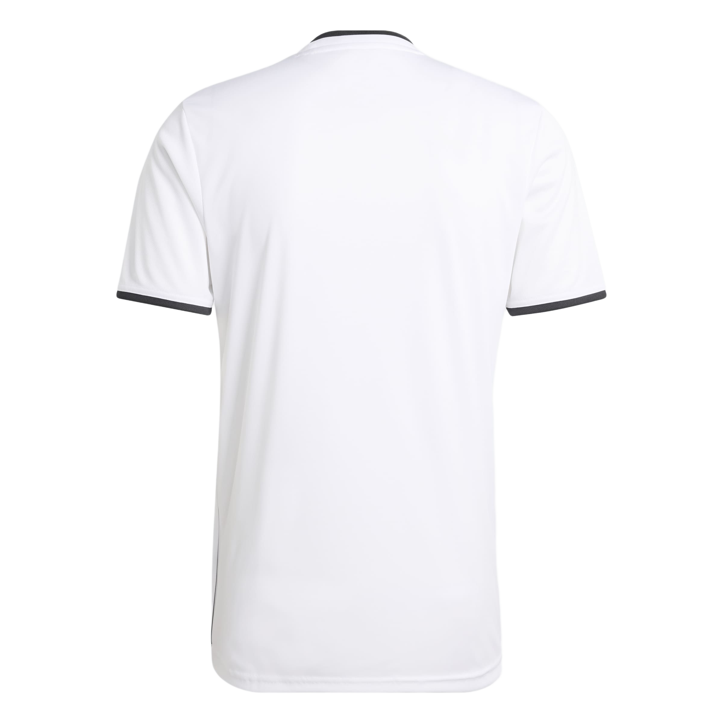 Back view of a white short-sleeved athletic shirt with black trim on the collar and sleeve cuffs.
