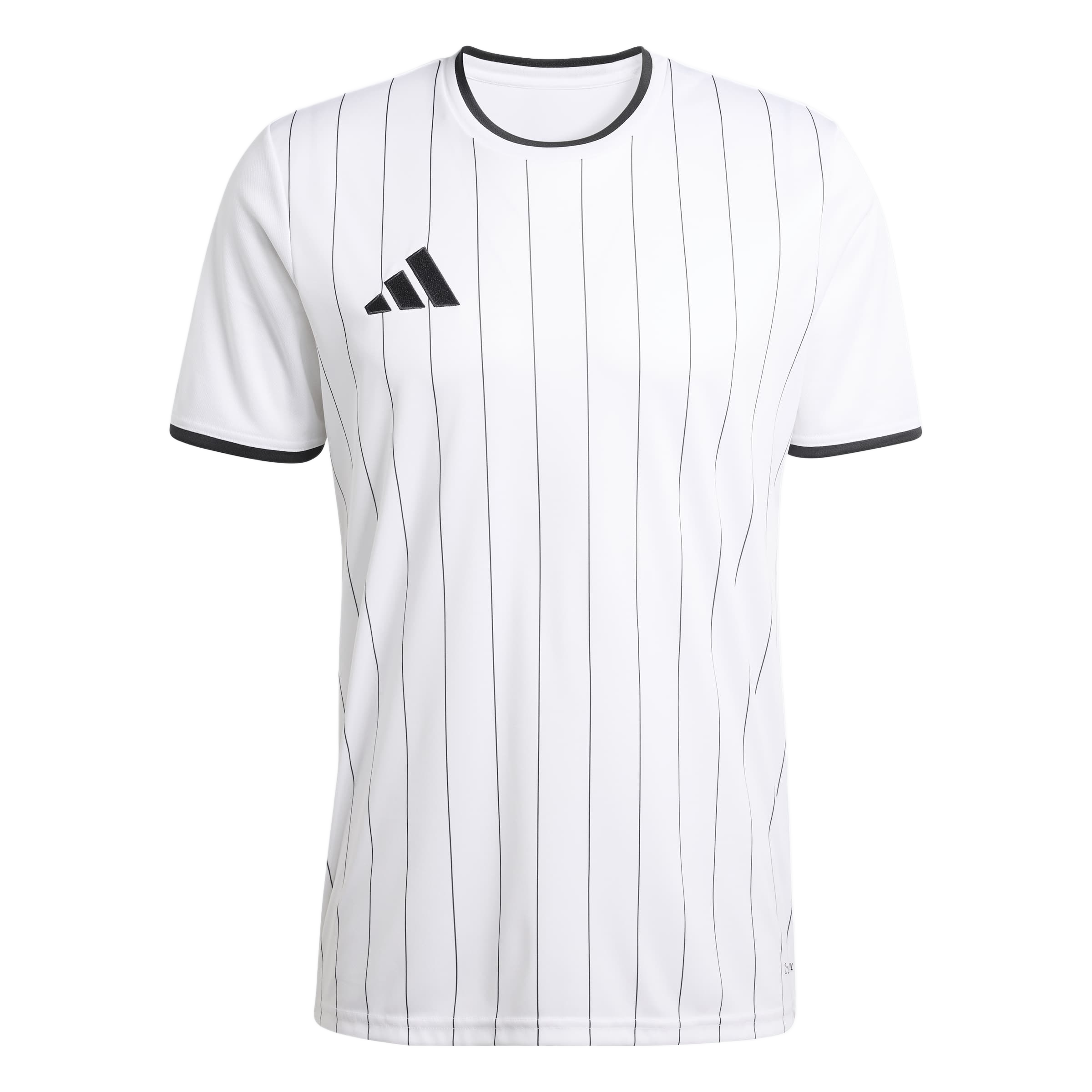 White short-sleeved Adidas jersey featuring thin vertical black pinstripes, black trim on the collar and cuffs, and a black Adidas logo on the chest.