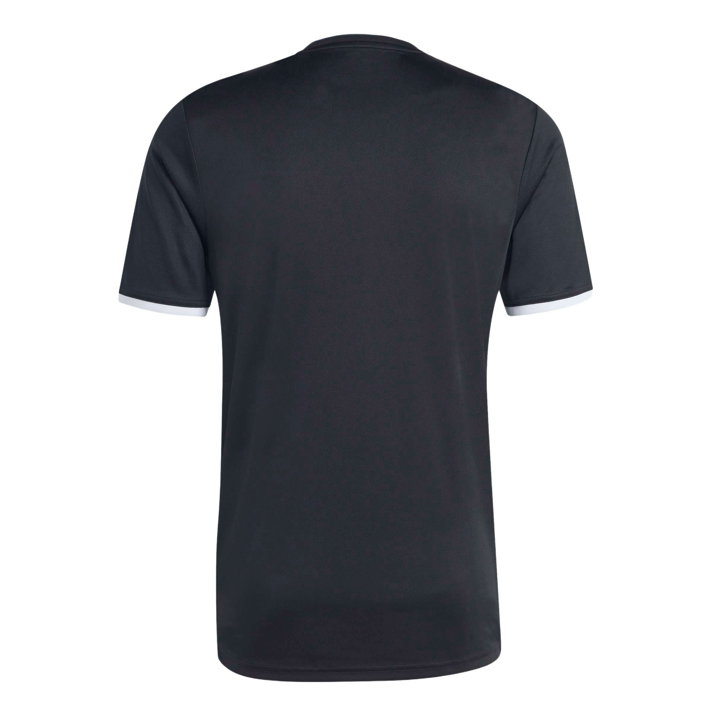 Back view of a black short-sleeved t-shirt with white trim on the crew neck and sleeve cuffs.