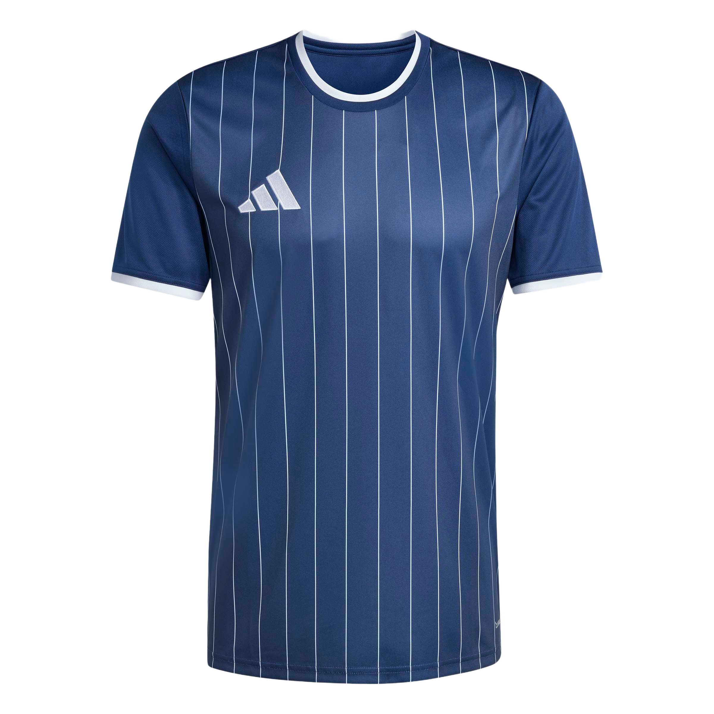 A navy blue Adidas jersey featuring thin white vertical pinstripes, a white crew neck, and white sleeve cuffs.