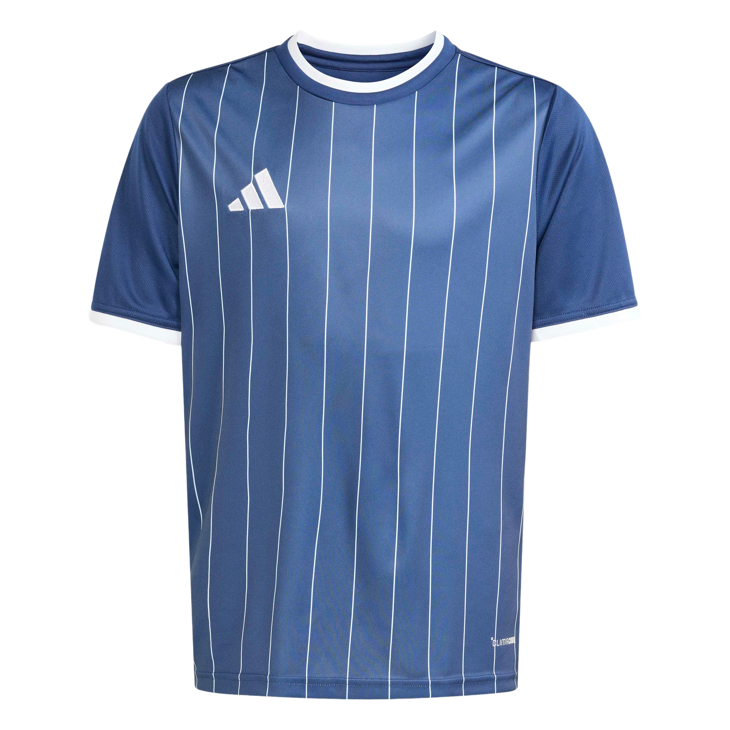 A blue short-sleeved Adidas jersey featuring thin white vertical pinstripes, a white crew neck collar, and white sleeve cuffs.