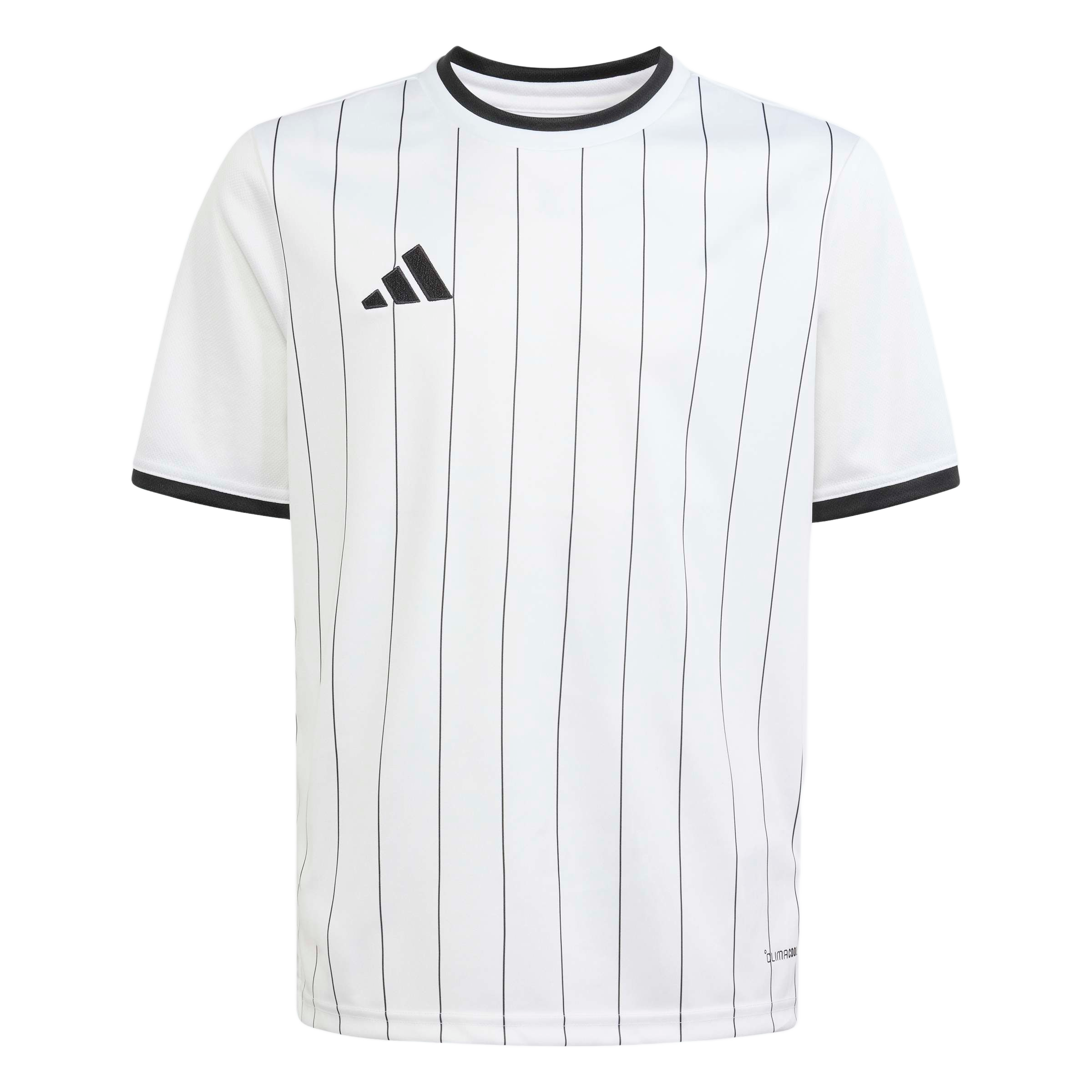White Adidas jersey with vertical black pinstripes, black crew neck, and sleeve cuffs. A black logo is on the right chest.