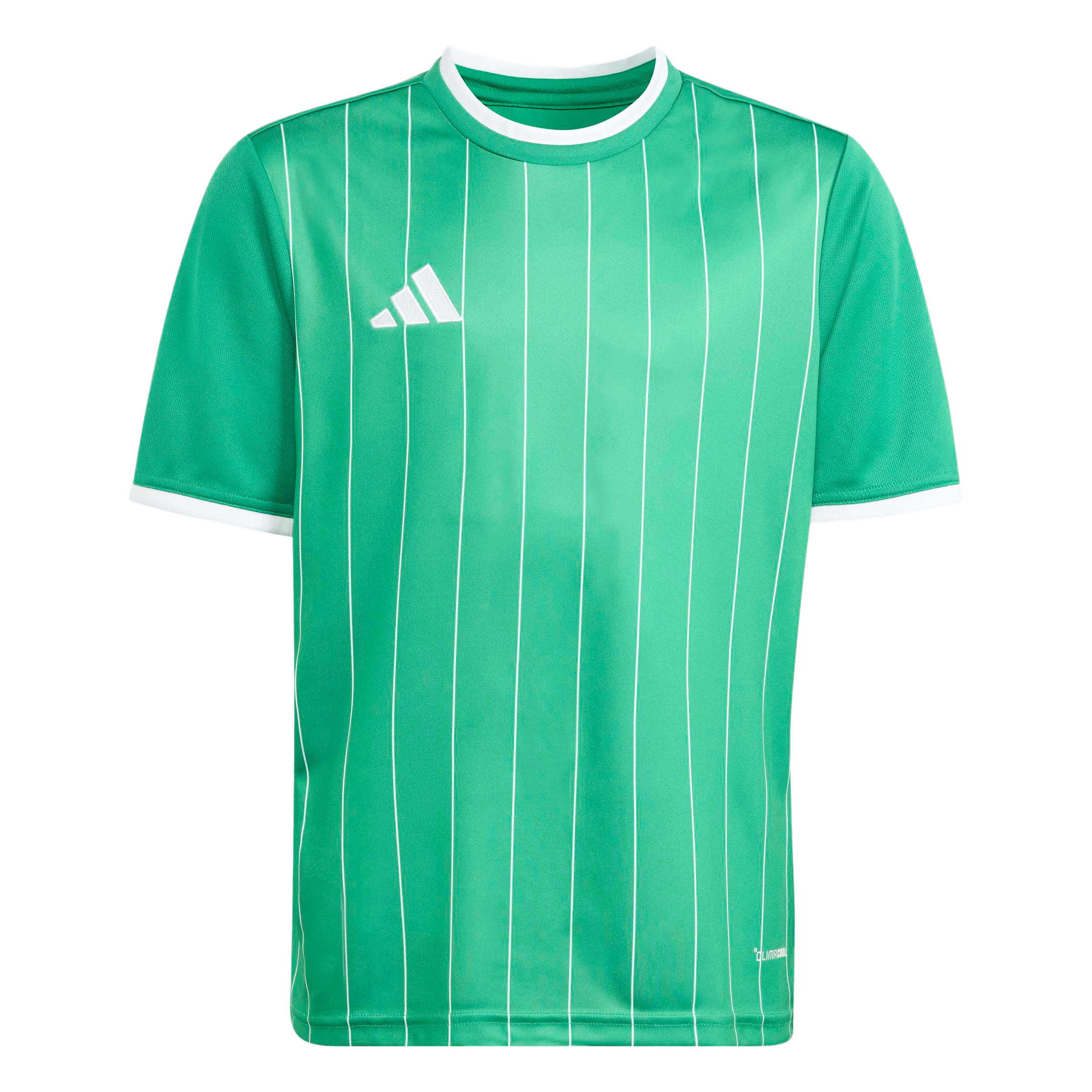 A green short-sleeve jersey with thin white vertical pinstripes, featuring a white crew neck, sleeve trim, and the Adidas logo on the chest.