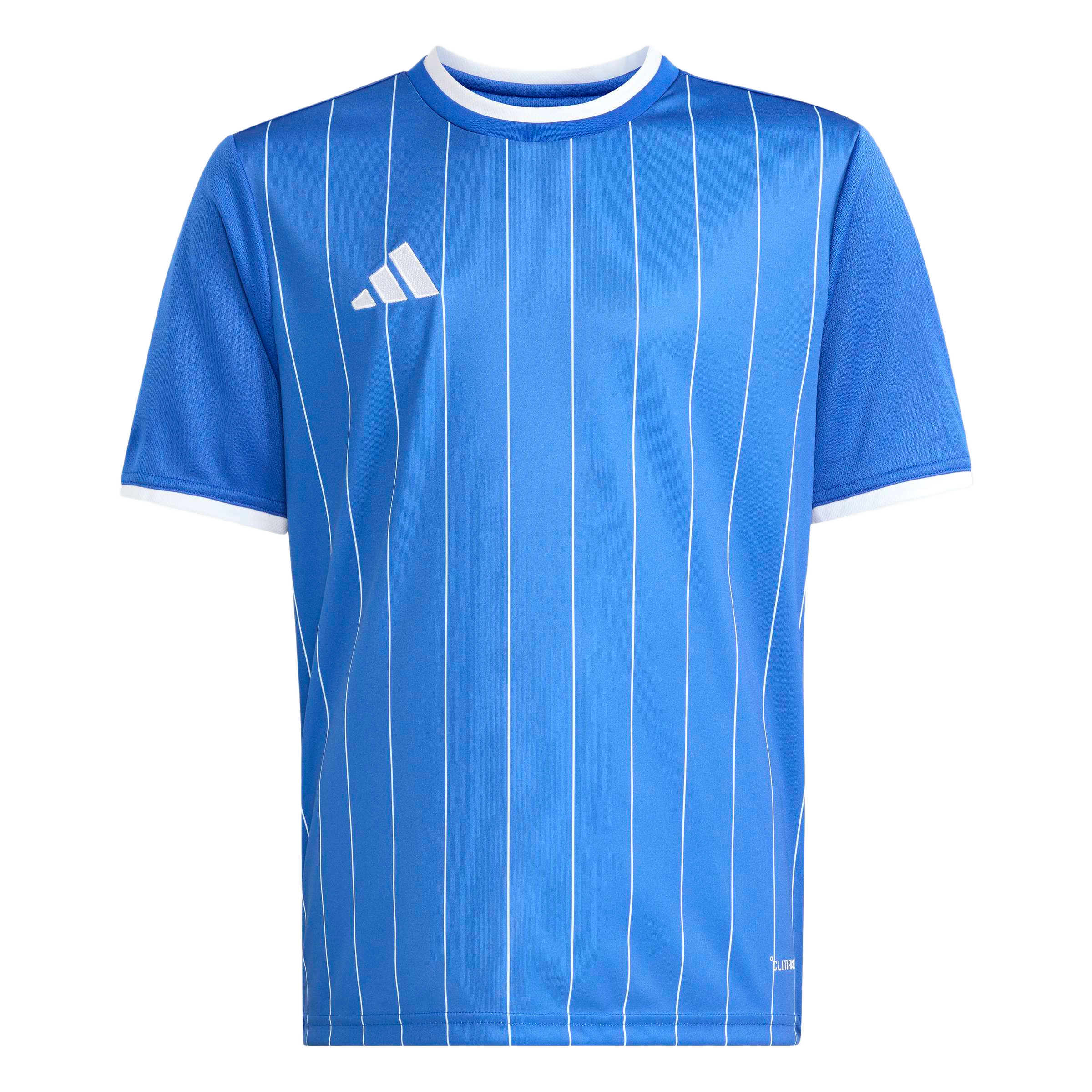 Royal blue Adidas short-sleeved jersey with thin white vertical pinstripes, white crew neck, and white sleeve trim.