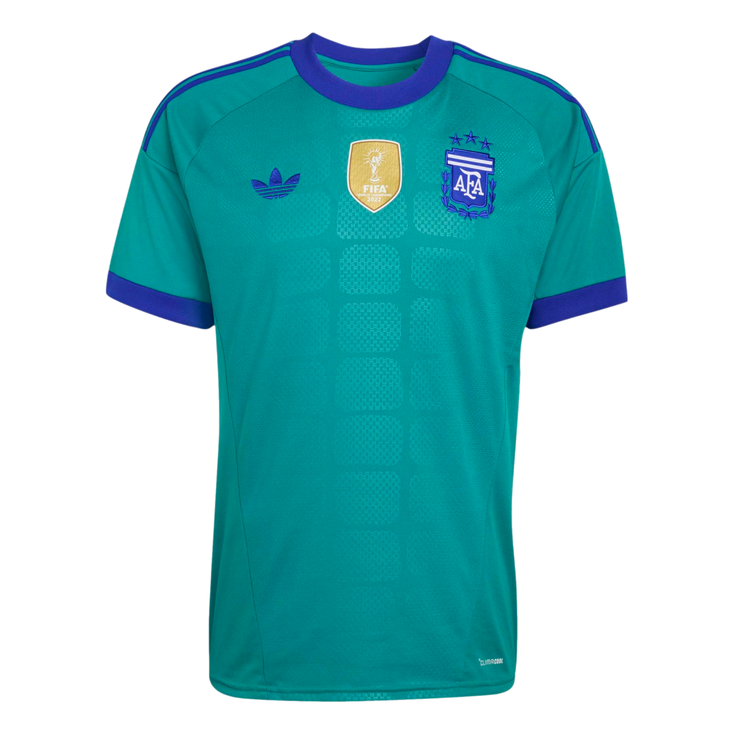 Teal Argentina football jersey with purple trim, featuring the gold FIFA World Champions 2022 patch, AFA crest with three stars, and an Adidas trefoil logo.