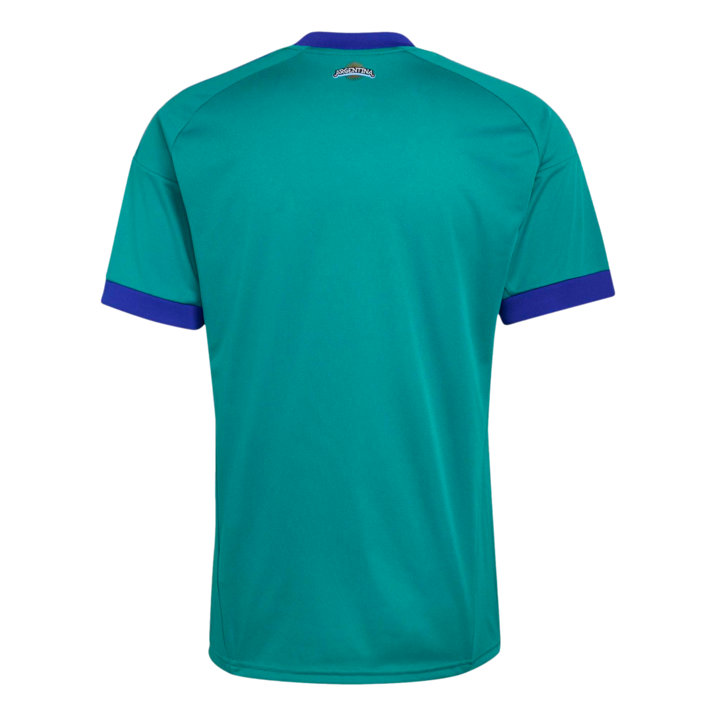 Rear view of a teal athletic jersey with dark blue collar and sleeve trim. A small "ARGENTINA" sun logo is centered on the upper back.